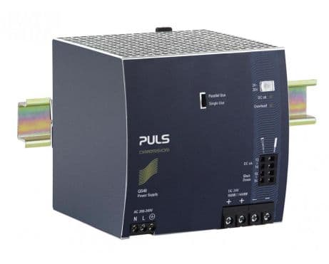 Puls QS40.244 PULS QS40.244 is a power supply unit designed for DIN rail mounting, featuring AC/DC conversion with a 50% power reserve. It operates within an ambient air temperature range of -25 to +70°C and offers a design that includes a DC-OK relay contact output. The unit provides a rated current of 40A at 24Vdc and 34.3A at 28Vdc, with screw-clamp connections for secure installation. It supports a supply voltage range of 180Vac to 264Vac across various nominal values and frequencies, with specific turn-ON and shutdown voltages. As part of the Q-series, it measures 125mm in width, 124mm in height, and 127mm in depth, housed in an aluminium casing. This single-phase unit delivers a rated power of 960W, with a short-term capacity of 1440W for up to 4 seconds, and an adjustable output voltage between 24Vdc and 28Vdc. It features comprehensive protection functions, including output overvoltage protection and overload/short-circuit current management, and is capable of series or parallel operation for increased output power. The QS40.244 maintains efficiency at 0.946 with a 230Vac input and incorporates a time delay for start-up and rise, alongside a hold time of 30ms at 230Vac input. Power dissipation is noted at 54.8W under full output load with a 230Vac input. Its electrical durability spans up to 311,000 hours at 25°C with a 20A output, and it exhibits a ripple of 100mVpp across a 20Hz to 20MHz range with a 50Ω load. The output stage capacitance is 10200µF, ensuring stable performance across its operational lifespan. Puls QS40.244 PULS QS40.244 is a power supply unit designed for DIN rail mounting, featuring AC/DC conversion with a 50% power reserve. It operates within an ambient air temperature range of -25 to +70°C and offers a design that includes a DC-OK relay contact output. The unit provides a rated current of 40A at 24Vdc and 34.3A at 28Vdc, with screw-clamp connections for secure installation. It supports a supply voltage range of 180Vac to 264Vac across various nominal values and frequencies, with specific turn-ON and shutdown voltages. As part of the Q-series, it measures 125mm in width, 124mm in height, and 127mm in depth, housed in an aluminium casing. This single-phase unit delivers a rated power of 960W, with a short-term capacity of 1440W for up to 4 seconds, and an adjustable output voltage between 24Vdc and 28Vdc. It features comprehensive protection functions, including output overvoltage protection and overload/short-circuit current management, and is capable of series or parallel operation for increased output power. The QS40.244 maintains efficiency at 0.946 with a 230Vac input and incorporates a time delay for start-up and rise, alongside a hold time of 30ms at 230Vac input. Power dissipation is noted at 54.8W under full output load with a 230Vac input. Its electrical durability spans up to 311,000 hours at 25°C with a 20A output, and it exhibits a ripple of 100mVpp across a 20Hz to 20MHz range with a 50Ω load. The output stage capacitance is 10200µF, ensuring stable performance across its operational lifespan.