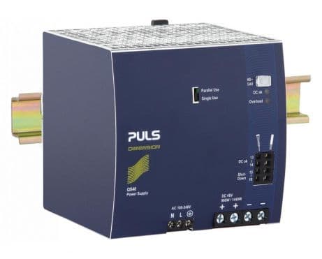 Puls QS40.481 PULS QS40.481 is a power supply unit designed for DIN rail mounting, featuring AC/DC conversion with a 50% power reserve. It operates within an ambient air temperature range of -25 to +70°C and is equipped with ATEX approval, a DC-OK relay contact output, and screw-clamp connections. This unit supports a supply voltage range of 85Vac-264Vac across various nominal voltages and frequencies, with specific turn-ON and shutdown voltages. It belongs to the Q-series and is housed in an aluminium casing with dimensions of W125mm x H124mm x D127mm. The QS40.481 is designed for single-phase networks, offering a rated current of 20A at 48Vdc and 17.8A at 54Vdc, with a derating power of 24W at temperatures ranging from +60°C to +70°C. Its rated power is 960W, with a short-term capacity of 1440W for up to 4 seconds, and an adjustable output voltage between 48Vdc and 54Vdc. Protection features include output overvoltage protection and overload/short-circuit protection, with capabilities for series or parallel operation to increase output power. The unit demonstrates high efficiency rates across various input voltages and has specific inrush current, time delay, hold time, power dissipation/losses, and electrical durability metrics. It also features a ripple of 150mVpp and an output stage capacitance of 3700µF. Puls QS40.481 PULS QS40.481 is a power supply unit designed for DIN rail mounting, featuring AC/DC conversion with a 50% power reserve. It operates within an ambient air temperature range of -25 to +70°C and is equipped with ATEX approval, a DC-OK relay contact output, and screw-clamp connections. This unit supports a supply voltage range of 85Vac-264Vac across various nominal voltages and frequencies, with specific turn-ON and shutdown voltages. It belongs to the Q-series and is housed in an aluminium casing with dimensions of W125mm x H124mm x D127mm. The QS40.481 is designed for single-phase networks, offering a rated current of 20A at 48Vdc and 17.8A at 54Vdc, with a derating power of 24W at temperatures ranging from +60°C to +70°C. Its rated power is 960W, with a short-term capacity of 1440W for up to 4 seconds, and an adjustable output voltage between 48Vdc and 54Vdc. Protection features include output overvoltage protection and overload/short-circuit protection, with capabilities for series or parallel operation to increase output power. The unit demonstrates high efficiency rates across various input voltages and has specific inrush current, time delay, hold time, power dissipation/losses, and electrical durability metrics. It also features a ripple of 150mVpp and an output stage capacitance of 3700µF.