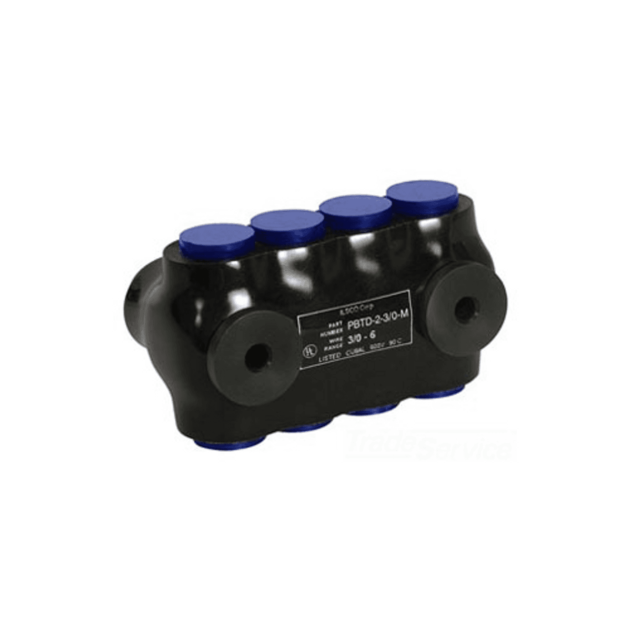 Ilsco PBTD-4-3/0-F 6 to 3/0 AWG Stranded Aluminum/Copper, 6 to 2/0 AWG/6 to 1 AWG Flex, 600 V, 225 A, Blue Main/Tap Cap, Black, Tin Plated, Plastisol Insulated, 4-Port, 2-Side Entry, Flexible Ilsco PBTD-4-3/0-F 6 to 3/0 AWG Stranded Aluminum/Copper, 6 to 2/0 AWG/6 to 1 AWG Flex, 600 V, 225 A, Blue Main/Tap Cap, Black, Tin Plated, Plastisol Insulated, 4-Port, 2-Side Entry, Flexible