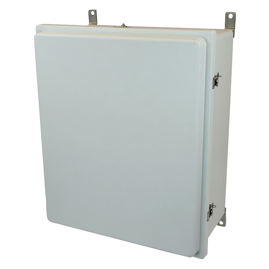 Allied Moulded Products AM24208RT 24"x20"x8" Control Series fiberglass wall mount enclosure assembly with raised hinged cover and stainless-steel twist latches Allied Moulded Products AM24208RT 24"x20"x8" Control Series fiberglass wall mount enclosure assembly with raised hinged cover and stainless-steel twist latches