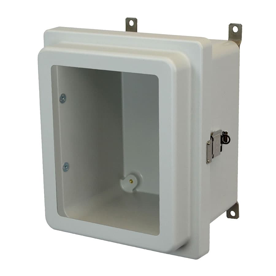 Allied Moulded Products AM864RLW 8"x6"x4" AM Series fiberglass wall mount enclosure assembly with raised hinged window cover and stainless steel snap latch Allied Moulded Products AM864RLW 8"x6"x4" AM Series fiberglass wall mount enclosure assembly with raised hinged window cover and stainless steel snap latch