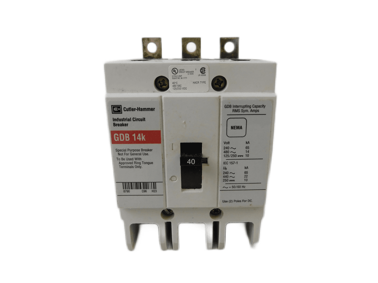 Eaton GDB3040D GDB3040D Eaton - Eaton Series C complete molded case circuit breaker, G-frame, GDB, Complete breaker, Fixed thermal, fixed magnetic trip, Three-pole, 40A, 480 Vac, 125/250 Vdc, 14 kAIC at 480 Vac, Line and load, 50/60 Hz, Ring type, Ring type Eaton GDB3040D GDB3040D Eaton - Eaton Series C complete molded case circuit breaker, G-frame, GDB, Complete breaker, Fixed thermal, fixed magnetic trip, Three-pole, 40A, 480 Vac, 125/250 Vdc, 14 kAIC at 480 Vac, Line and load, 50/60 Hz, Ring type, Ring type