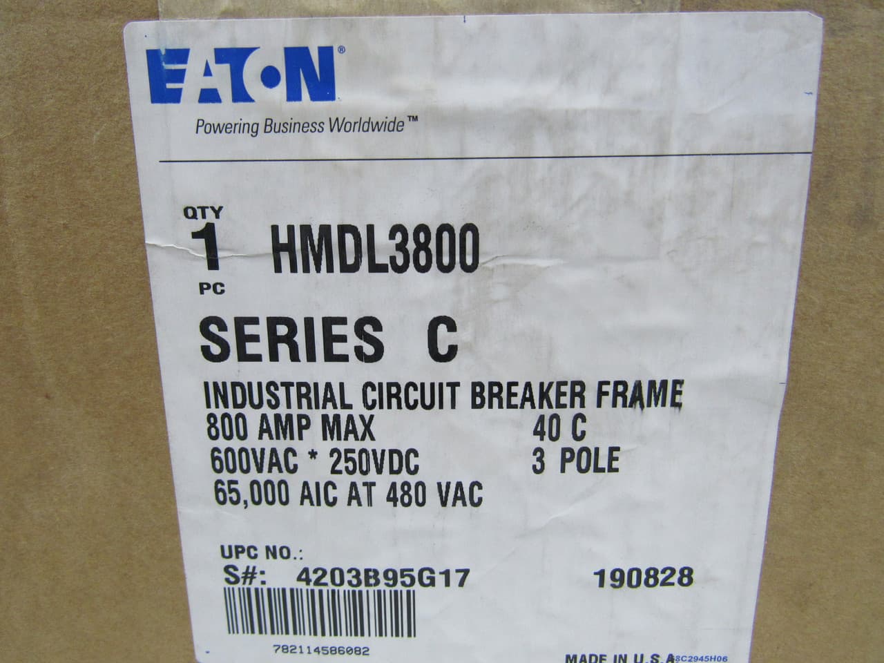 Eaton HMDL3800 HMDL3800 Eaton - Eaton Series C complete molded case circuit breaker, MDL-frame, HMDL, Complete breaker, Fixed thermal, Fixed magnetic trip type, Three-pole, 800A, 100 kAIC at 240 Vac, 65 kAIC at 480 Vac, 50/60 Hz Eaton HMDL3800 HMDL3800 Eaton - Eaton Series C complete molded case circuit breaker, MDL-frame, HMDL, Complete breaker, Fixed thermal, Fixed magnetic trip type, Three-pole, 800A, 100 kAIC at 240 Vac, 65 kAIC at 480 Vac, 50/60 Hz