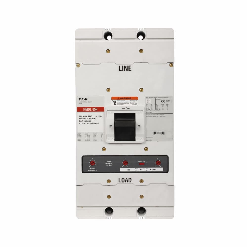 Eaton HMDL3600 HMDL3600 Eaton - Eaton Series C complete molded case circuit breaker, MDL-frame, HMDL, Complete breaker, Fixed thermal, Fixed magnetic trip type, Three-pole, 600 A, 100 kAIC at 240 Vac, 65 kAIC at 480 Vac, 50/60 Hz Eaton HMDL3600 HMDL3600 Eaton - Eaton Series C complete molded case circuit breaker, MDL-frame, HMDL, Complete breaker, Fixed thermal, Fixed magnetic trip type, Three-pole, 600 A, 100 kAIC at 240 Vac, 65 kAIC at 480 Vac, 50/60 Hz