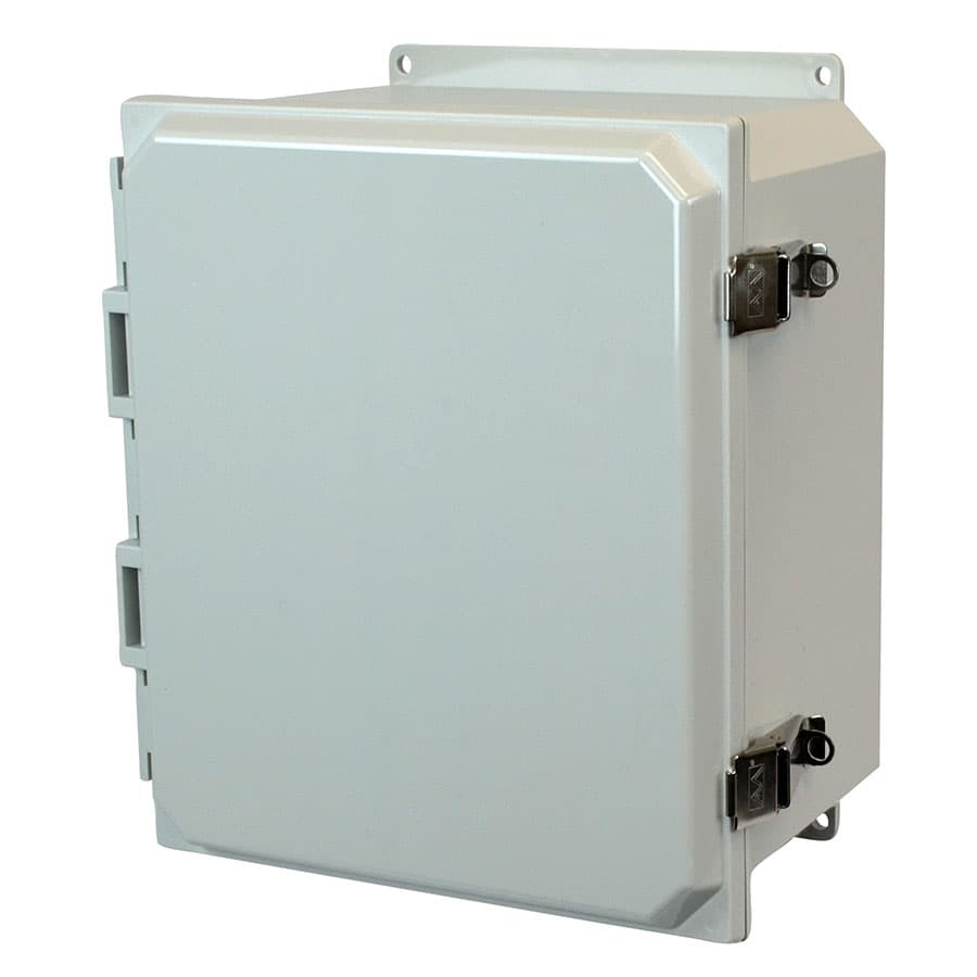 Allied Moulded Products AMP1206LF 12"x10"x6" POLYLINE® polycarbonate wall mount enclosure assembly with hinged cover and stainless-steel snap latch Allied Moulded Products AMP1206LF 12"x10"x6" POLYLINE® polycarbonate wall mount enclosure assembly with hinged cover and stainless-steel snap latch