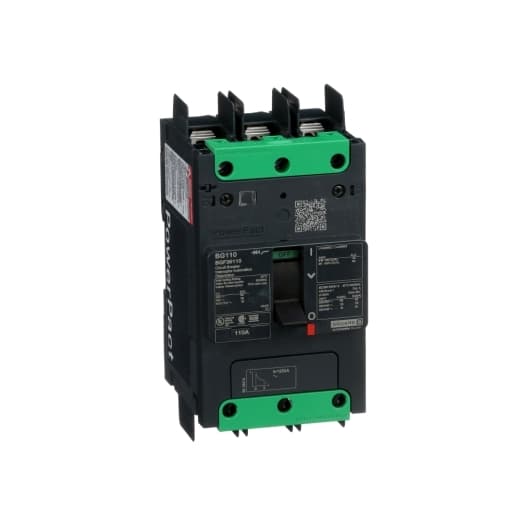 Schneider Electric BGF36110 Square D by Schneider Electric BGF36110 is a Moulded Case Circuit Breaker (MCCB) within the PowerPacT BGF sub-range, featuring a PowerPact B-Frame 125 TMD 3P-3t design with a rated current of 110A and a rated voltage of 600Vac 600Y/347Vac. It has a rated impulse voltage (Uimp) of 8 kV and utilizes a terminal nut kit for fixed busbar connection on both line and load sides, offering a degree of protection of IP40. The MCCB has a mechanical durability of 15,000 operations at no load and can be mounted either on a DIN rail or as an individual unit on a plate. It is a 3-pole (3P) device with dimensions of 137 mm in height, 80 mm in depth, and 81 mm in width. The utilisation category is A, and it features over-current protection fixed at 110A, short-circuit hold current protection fixed at 1000A, and short-circuit trip current protection fixed at 1500A. The rated voltage for DC applications is 250Vdc, with a rated insulation voltage (Ui) of 800 V and a rated operating voltage (Ue) of 525 V. It provides thermal protection for overload and magnetic protection for short-circuits, with a trip current rating of 110 AT and an electrical durability of 10,000 operations at 440Vac; In. The frame current rating is 125 AF, and it operates via a toggle (manual) with a short circuit breaking rating of 65kA at 240Vac, 35kA at 480Vac, 35kA at 480Y/277Vac, 18kA at 600Y/347Vac, and 20kA at 250Vdc, all according to UL489 standards. The trip unit type is thermal-magnetic (fixed) without a display. Schneider Electric BGF36110 Square D by Schneider Electric BGF36110 is a Moulded Case Circuit Breaker (MCCB) within the PowerPacT BGF sub-range, featuring a PowerPact B-Frame 125 TMD 3P-3t design with a rated current of 110A and a rated voltage of 600Vac 600Y/347Vac. It has a rated impulse voltage (Uimp) of 8 kV and utilizes a terminal nut kit for fixed busbar connection on both line and load sides, offering a degree of protection of IP40. The MCCB has a mechanical durability of 15,000 operations at no load and can be mounted either on a DIN rail or as an individual unit on a plate. It is a 3-pole (3P) device with dimensions of 137 mm in height, 80 mm in depth, and 81 mm in width. The utilisation category is A, and it features over-current protection fixed at 110A, short-circuit hold current protection fixed at 1000A, and short-circuit trip current protection fixed at 1500A. The rated voltage for DC applications is 250Vdc, with a rated insulation voltage (Ui) of 800 V and a rated operating voltage (Ue) of 525 V. It provides thermal protection for overload and magnetic protection for short-circuits, with a trip current rating of 110 AT and an electrical durability of 10,000 operations at 440Vac; In. The frame current rating is 125 AF, and it operates via a toggle (manual) with a short circuit breaking rating of 65kA at 240Vac, 35kA at 480Vac, 35kA at 480Y/277Vac, 18kA at 600Y/347Vac, and 20kA at 250Vdc, all according to UL489 standards. The trip unit type is thermal-magnetic (fixed) without a display.