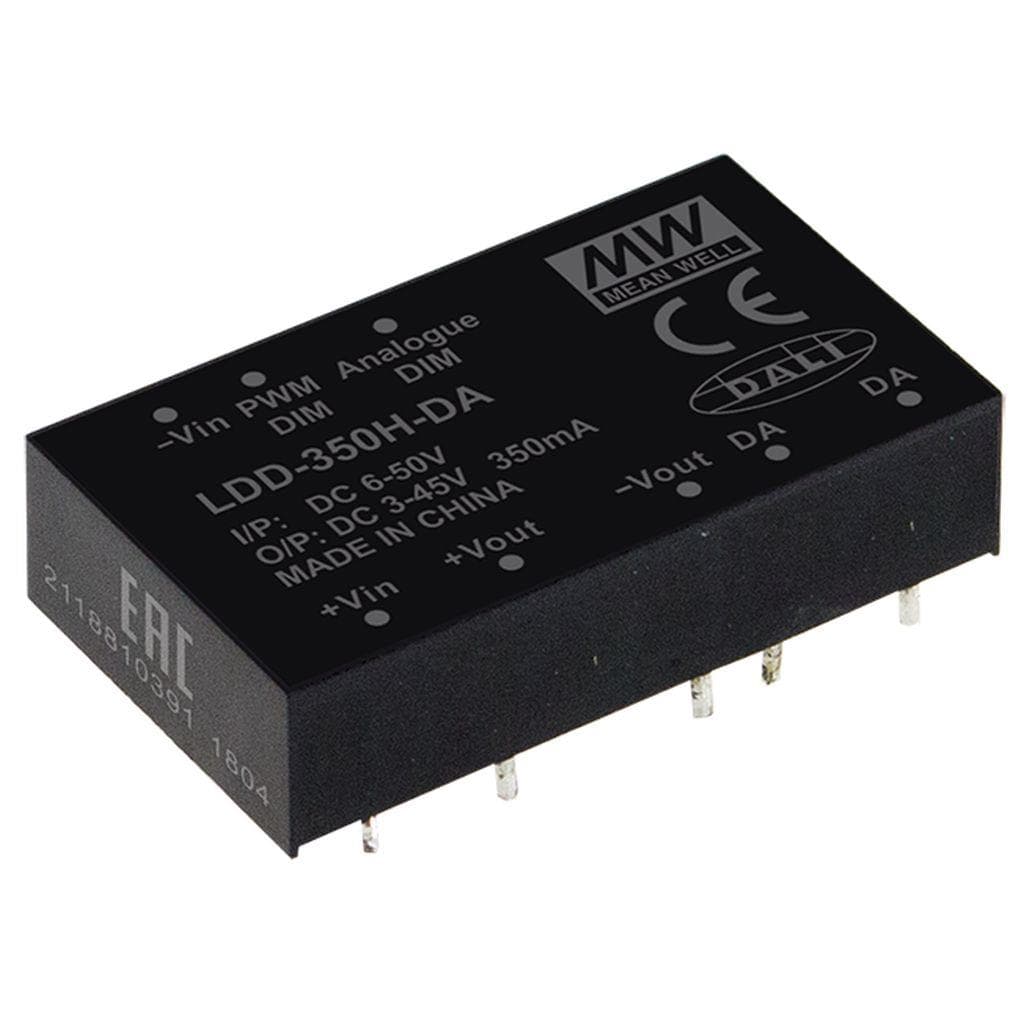 MEAN WELL LDD-350H-DA DC-DC Step down LED driver Constant Current (CC); Input 6-50Vdc; Output 0.35A at 3-45Vdc; PCB mount through hole; Dimming with DALI, PWM and remote ON/OFF MEAN WELL LDD-350H-DA DC-DC Step down LED driver Constant Current (CC); Input 6-50Vdc; Output 0.35A at 3-45Vdc; PCB mount through hole; Dimming with DALI, PWM and remote ON/OFF
