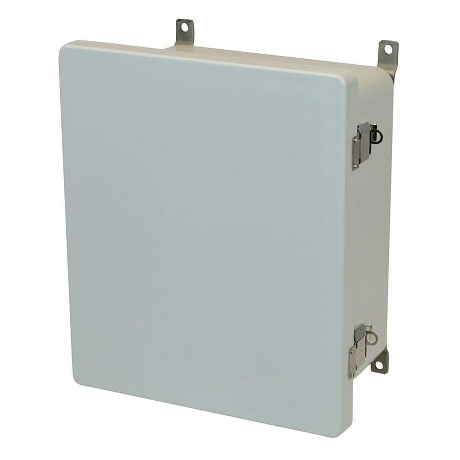 Allied Moulded Products AM1426L 14"x12"x6" AM Series fiberglass wall mount enclosure assembly with hinged cover and stainless-steel snap latch Allied Moulded Products AM1426L 14"x12"x6" AM Series fiberglass wall mount enclosure assembly with hinged cover and stainless-steel snap latch