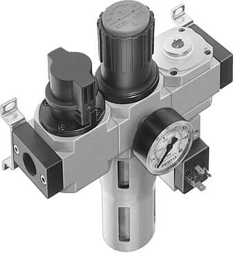 Festo 186049 service unit LFR-1/2-D-MAXI-KF consisting of manual on/off valve, filter regulator, distributor module and pressure switch, without socket, with mounting brackets. With manual condensate drain. Size: Maxi, Series: D, Actuator lock: Rotary knob with lock, Festo 186049 service unit LFR-1/2-D-MAXI-KF consisting of manual on/off valve, filter regulator, distributor module and pressure switch, without socket, with mounting brackets. With manual condensate drain. Size: Maxi, Series: D, Actuator lock: Rotary knob with lock,