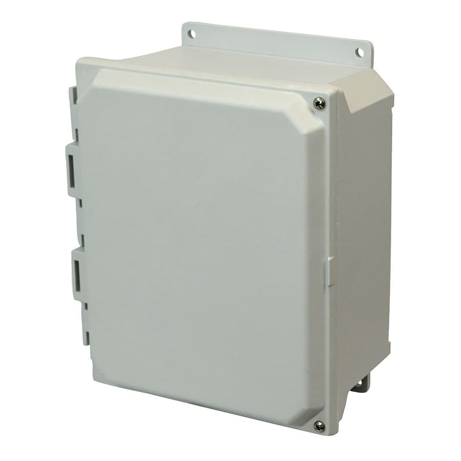 Allied Moulded Products AMU864HF 8"x6"x4" ULTRALINE® fiberglass wall mount enclosure assembly with 2-screw hinged cover Allied Moulded Products AMU864HF 8"x6"x4" ULTRALINE® fiberglass wall mount enclosure assembly with 2-screw hinged cover