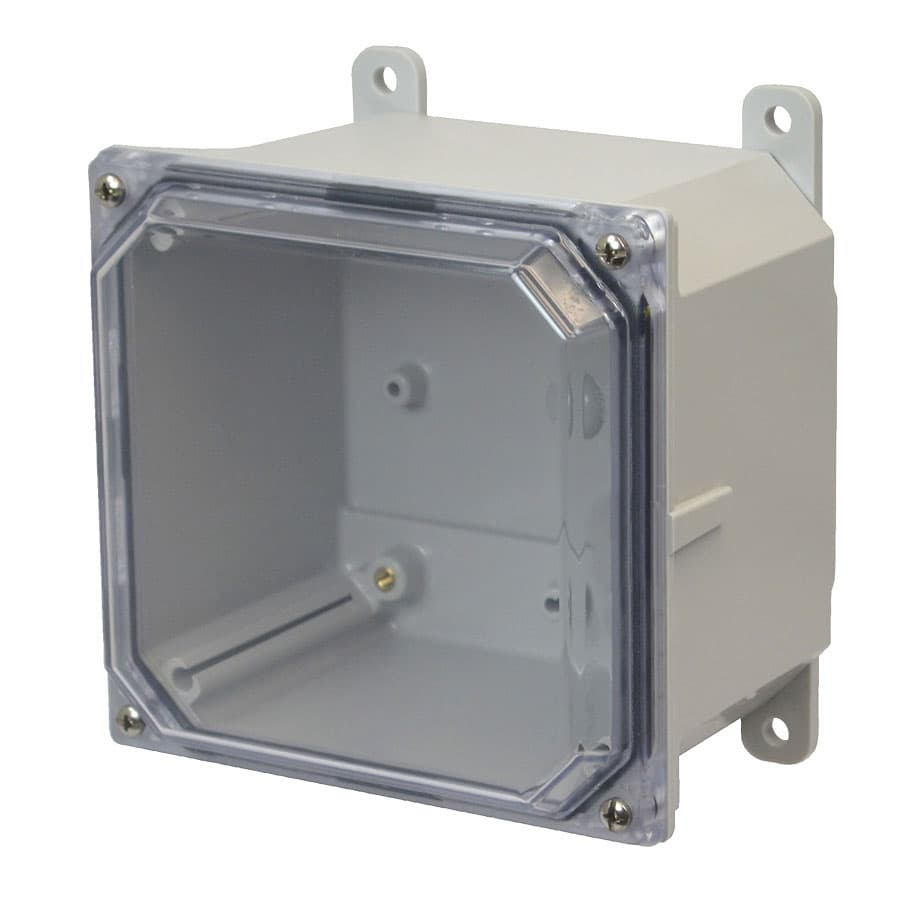 Allied Moulded Products AMP664CC 6"x6"x4" POLYLINE® polycarbonate wall mount enclosure assembly with 4-screw lift-off clear cover Allied Moulded Products AMP664CC 6"x6"x4" POLYLINE® polycarbonate wall mount enclosure assembly with 4-screw lift-off clear cover
