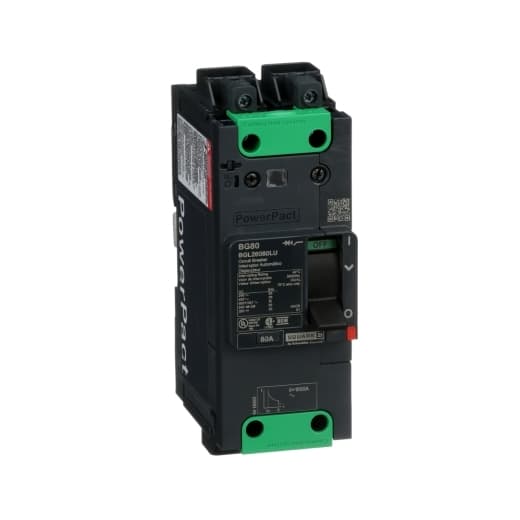 Schneider Electric BGL26080LU Square D by Schneider Electric BGL26080LU is a Moulded Case Circuit Breaker (MCCB) within the PowerPacT BGL sub-range. It features a PowerPact B-Frame 100 TMD 2P 80A design for 600Y/347Vac with an 18kA interrupting capacity and includes Everlink (Creep compensating) lugs on both line and load sides, plus a Control Wire terminal (CWT) on the line side only. This MCCB has a rated impulse voltage (Uimp) of 8 kV, an IP40 degree of protection, and a rated current of 80A. It operates at a rated voltage of 600Vac 600Y/347Vac, with a mechanical durability of 20,000 operations when not under load. The unit can be mounted on a DIN rail or as an individual unit on a plate, features 2 poles (2P), and has dimensions of 137 mm in height, 80 mm in depth, and 54 mm in width. It falls under utilisation category A, with protection settings including over-current fixed at 80A and short-circuit protection with hold and trip currents fixed at 800A and 1200A, respectively. The rated voltage for DC applications is 250Vdc, with a rated insulation voltage (Ui) of 800 V and a rated operating voltage (Ue) of 525 V. It offers thermal protection for overload and magnetic protection for short-circuits, with a trip current rating of 80 AT. The electrical durability with load is rated at 10,000 operations at 440Vac. The frame current rating is 100 AF, and it operates via a toggle (manual) mechanism. The short circuit breaking rating varies by voltage, with 65kA at 240Vac, 35kA at 480Vac and 480Y/277Vac, 18kA at 600Y/347Vac for UL489 standards, and 20kA at 250Vdc. The trip unit is a fixed thermal-magnetic type without a display. Schneider Electric BGL26080LU Square D by Schneider Electric BGL26080LU is a Moulded Case Circuit Breaker (MCCB) within the PowerPacT BGL sub-range. It features a PowerPact B-Frame 100 TMD 2P 80A design for 600Y/347Vac with an 18kA interrupting capacity and includes Everlink (Creep compensating) lugs on both line and load sides, plus a Control Wire terminal (CWT) on the line side only. This MCCB has a rated impulse voltage (Uimp) of 8 kV, an IP40 degree of protection, and a rated current of 80A. It operates at a rated voltage of 600Vac 600Y/347Vac, with a mechanical durability of 20,000 operations when not under load. The unit can be mounted on a DIN rail or as an individual unit on a plate, features 2 poles (2P), and has dimensions of 137 mm in height, 80 mm in depth, and 54 mm in width. It falls under utilisation category A, with protection settings including over-current fixed at 80A and short-circuit protection with hold and trip currents fixed at 800A and 1200A, respectively. The rated voltage for DC applications is 250Vdc, with a rated insulation voltage (Ui) of 800 V and a rated operating voltage (Ue) of 525 V. It offers thermal protection for overload and magnetic protection for short-circuits, with a trip current rating of 80 AT. The electrical durability with load is rated at 10,000 operations at 440Vac. The frame current rating is 100 AF, and it operates via a toggle (manual) mechanism. The short circuit breaking rating varies by voltage, with 65kA at 240Vac, 35kA at 480Vac and 480Y/277Vac, 18kA at 600Y/347Vac for UL489 standards, and 20kA at 250Vdc. The trip unit is a fixed thermal-magnetic type without a display.