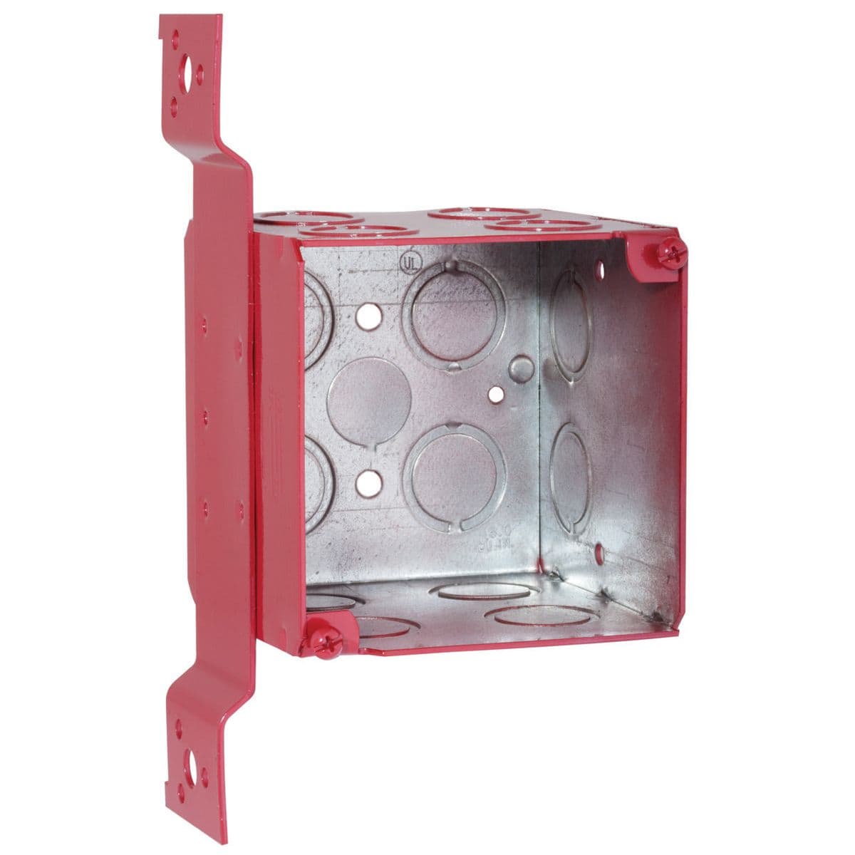 Hubbell 911-1 3-3/4 in. Life Safety Square Box, Welded, 3-1/2 in. Deep, Fourteen 1/2 & 3/4 in. Concentric KO's & One 1/2 in. KO, FM Bracket, Red ; Welded steel construction with "FM" bracket that mounts on flat side of stud ; 3-3/4 in. square x 3-1.2 in. deep ; 3-3/4 Hubbell 911-1 3-3/4 in. Life Safety Square Box, Welded, 3-1/2 in. Deep, Fourteen 1/2 & 3/4 in. Concentric KO's & One 1/2 in. KO, FM Bracket, Red ; Welded steel construction with "FM" bracket that mounts on flat side of stud ; 3-3/4 in. square x 3-1.2 in. deep ; 3-3/4