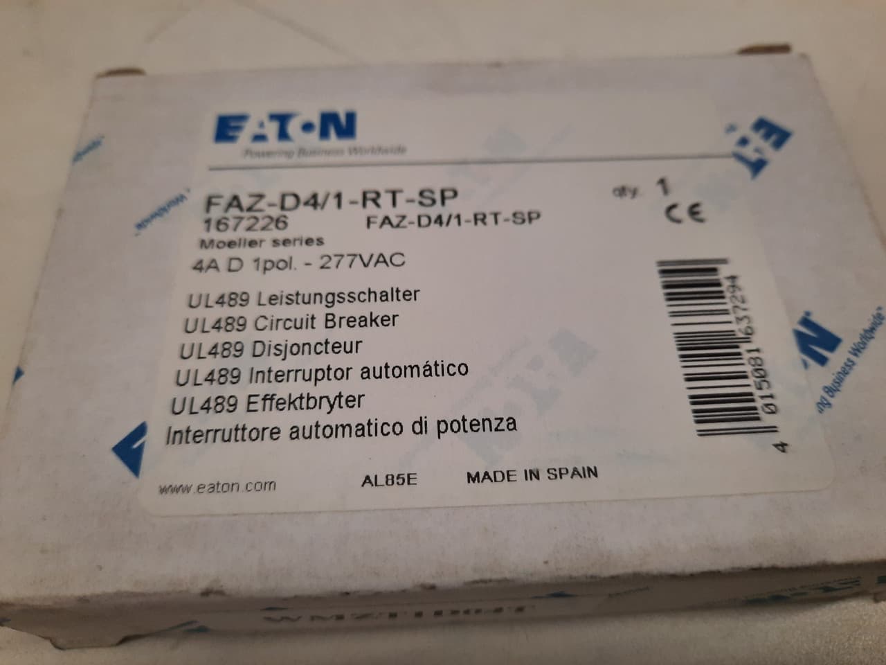 Eaton FAZ-D4/1-RT-SP 277/480 VAC 50/60 Hz, 4 A, 1-Pole, 10/14 kA, 10 to 20 x Rated Current, Ring Tongue Terminal, DIN Rail Mount, Single Packaging, D-Curve, Current Limiting, Thermal Magnetic Eaton FAZ-D4/1-RT-SP 277/480 VAC 50/60 Hz, 4 A, 1-Pole, 10/14 kA, 10 to 20 x Rated Current, Ring Tongue Terminal, DIN Rail Mount, Single Packaging, D-Curve, Current Limiting, Thermal Magnetic
