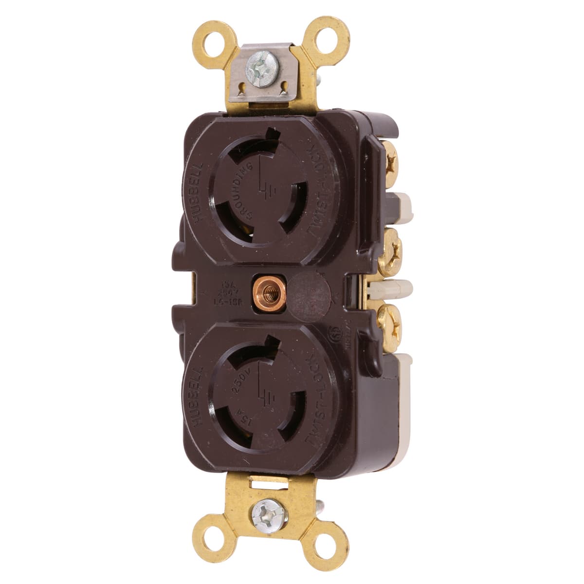 Hubbell HBL4550RT Locking Devices, Twist-Lock®, Industrial, Duplex Receptacle, 15A 250V, 2-Pole 3-Wire Grounding, NEMA L6-15R, Ring Terminal Connection, Brown. ; Reinforced thermoplastic construction ; Single piece, all brass contacts ; Single point break-off tabs ; Mount Hubbell HBL4550RT Locking Devices, Twist-Lock®, Industrial, Duplex Receptacle, 15A 250V, 2-Pole 3-Wire Grounding, NEMA L6-15R, Ring Terminal Connection, Brown. ; Reinforced thermoplastic construction ; Single piece, all brass contacts ; Single point break-off tabs ; Mount