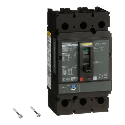 Schneider Electric JJL36150 Square D by Schneider Electric JJL36150 is a Moulded Case Circuit Breaker (MCCB) within the PowerPacT JJL sub-range, featuring a PowerPact J-Frame 250 TMD 3P 150A 600Vac 25kA design with lugs on both load and line sides for connection. This 3-pole circuit breaker offers thermal protection for overload scenarios and magnetic protection for short-circuit conditions. It has a rated current of 150A, with a rated insulation voltage (Ui) of 750 V and a rated voltage (AC) of 600Vac 600Y/347Vac. The unit is designed for individual mounting on a plate, with dimensions of 191 mm in height, 105 mm in width, and 127 mm in depth. It features an IP40 degree of protection and operates manually via a toggle. Protection settings include over-current fixed at 150A and short-circuit pickup current adjustable between 750A and 1500A. The rated operating voltage (Ue) is 690 V, with a rated impulse voltage (Uimp) of 8 kV. The trip current rating is 150 AT, with a frame current rating of 250 AF. Its short circuit breaking rating varies by voltage, including 100kA at 240Vac, 65kA at 480Vac and 480Y/277Vac, 25kA at 600Vac and 600Y/347Vac, and 20kA at 250Vdc, all according to UL489 standards. The trip unit type is thermal-magnetic (adjustable) without a display, and it falls under utilisation category A. Schneider Electric JJL36150 Square D by Schneider Electric JJL36150 is a Moulded Case Circuit Breaker (MCCB) within the PowerPacT JJL sub-range, featuring a PowerPact J-Frame 250 TMD 3P 150A 600Vac 25kA design with lugs on both load and line sides for connection. This 3-pole circuit breaker offers thermal protection for overload scenarios and magnetic protection for short-circuit conditions. It has a rated current of 150A, with a rated insulation voltage (Ui) of 750 V and a rated voltage (AC) of 600Vac 600Y/347Vac. The unit is designed for individual mounting on a plate, with dimensions of 191 mm in height, 105 mm in width, and 127 mm in depth. It features an IP40 degree of protection and operates manually via a toggle. Protection settings include over-current fixed at 150A and short-circuit pickup current adjustable between 750A and 1500A. The rated operating voltage (Ue) is 690 V, with a rated impulse voltage (Uimp) of 8 kV. The trip current rating is 150 AT, with a frame current rating of 250 AF. Its short circuit breaking rating varies by voltage, including 100kA at 240Vac, 65kA at 480Vac and 480Y/277Vac, 25kA at 600Vac and 600Y/347Vac, and 20kA at 250Vdc, all according to UL489 standards. The trip unit type is thermal-magnetic (adjustable) without a display, and it falls under utilisation category A.