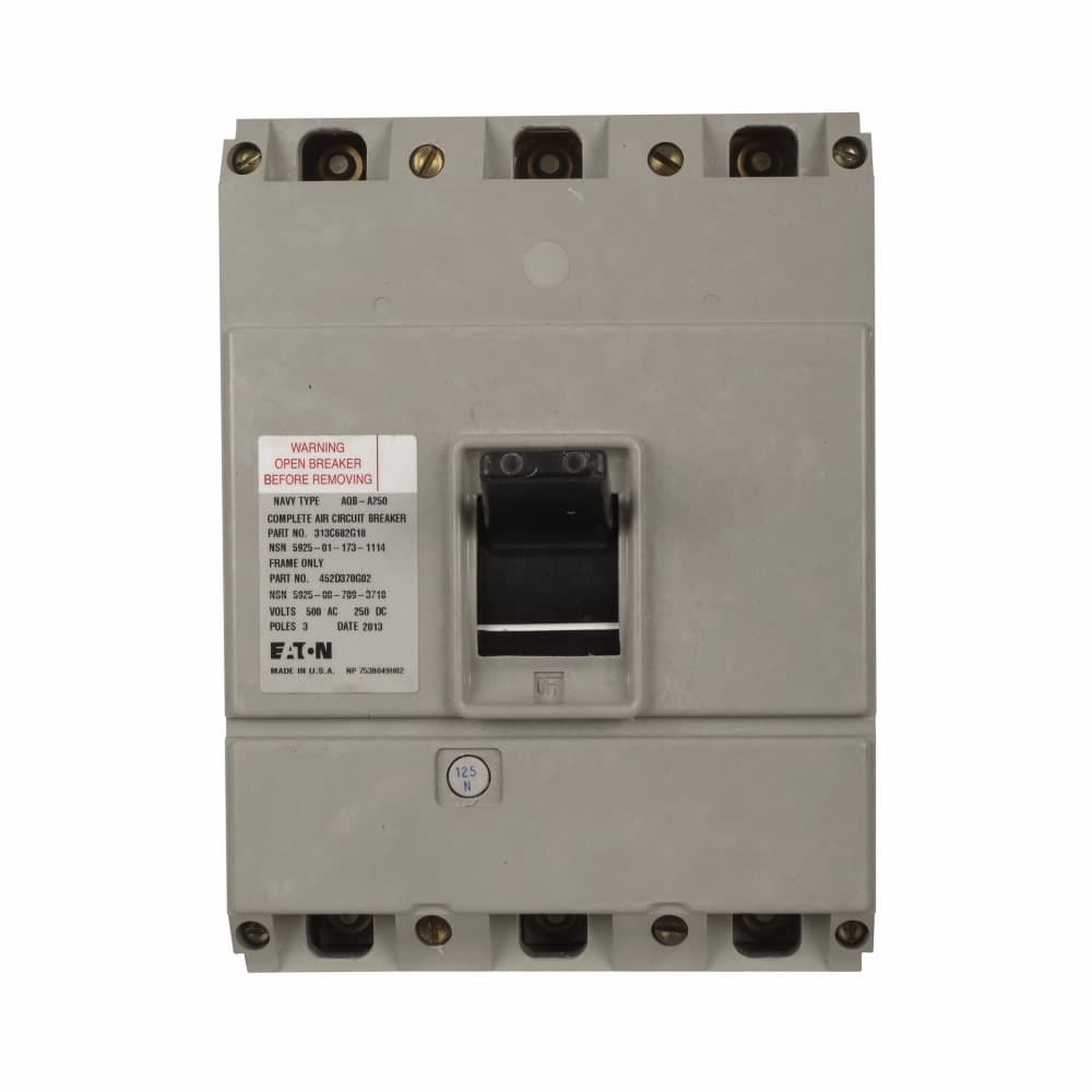 Eaton 315C574G24 315C574G24 Eaton - Molded Case Naval Shipboard Circuit Breaker, Complete breaker, AQB-A250, Three-pole, 225A, 500 Vac, 250 Vdc, 20 kAIC at 500 Vac, 15 kAIC at 250 Vdc, Thermal magnetic trip, 910-1560A at 500V trip range, 400 Hz, 225NH trip unit Eaton 315C574G24 315C574G24 Eaton - Molded Case Naval Shipboard Circuit Breaker, Complete breaker, AQB-A250, Three-pole, 225A, 500 Vac, 250 Vdc, 20 kAIC at 500 Vac, 15 kAIC at 250 Vdc, Thermal magnetic trip, 910-1560A at 500V trip range, 400 Hz, 225NH trip unit
