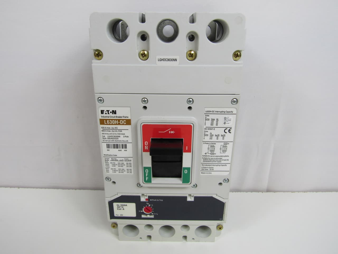 Eaton LGHDC3300FAW LGHDC3300FAW Eaton - Eaton Series G DC/PvGard complete molded case circuit breaker, LG-frame, LG, Complete breaker, Fixed thermal, adjustable magnetic trip type, Three-pole, 300A, 600 Vac, 65 kAIC at 600 Vac, Without terminals, Vdc Eaton LGHDC3300FAW LGHDC3300FAW Eaton - Eaton Series G DC/PvGard complete molded case circuit breaker, LG-frame, LG, Complete breaker, Fixed thermal, adjustable magnetic trip type, Three-pole, 300A, 600 Vac, 65 kAIC at 600 Vac, Without terminals, Vdc