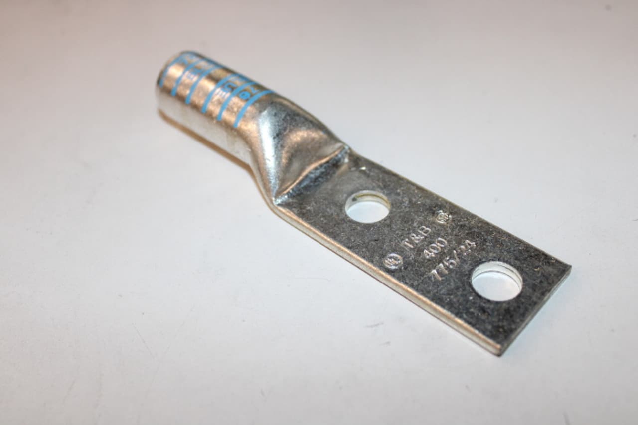 Thomas & Betts 54874BE 600 V to 35 kV, 1/2" Stud, 5.51" L, 400 KCMIL, Blue, Electro Tin Plated Wrought Copper, 2-Hole, Long, Straight Barrel Thomas & Betts 54874BE 600 V to 35 kV, 1/2" Stud, 5.51" L, 400 KCMIL, Blue, Electro Tin Plated Wrought Copper, 2-Hole, Long, Straight Barrel