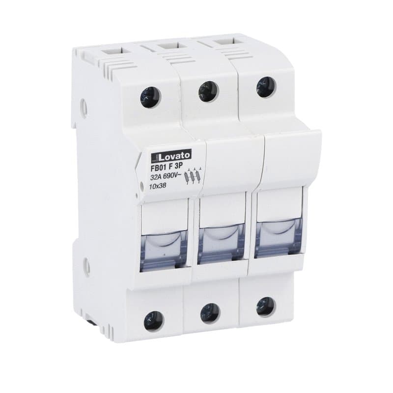 Lovato Electric FB01F3P FB01F3P Lovato - Fuse holder UL recognized and CSA certified, for 10X38mm fuses. 32A rated current at 690VAC, 3P. Without status indicator. 3 modules Lovato Electric FB01F3P FB01F3P Lovato - Fuse holder UL recognized and CSA certified, for 10X38mm fuses. 32A rated current at 690VAC, 3P. Without status indicator. 3 modules