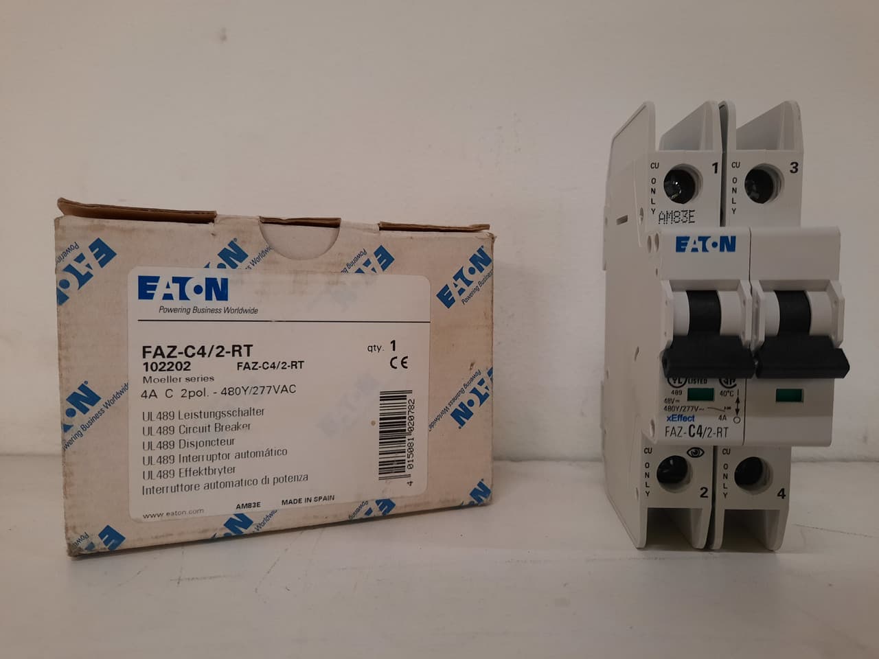 Eaton FAZ-C4/2-RT 277/480 VAC 50/60 Hz, 4 A, 2-Pole, 10/14 kA, 5 to 10 x Rated Current, Ring Tongue Terminal, DIN Rail Mount, Standard Packaging, C-Curve, Current Limiting, Thermal Magnetic Eaton FAZ-C4/2-RT 277/480 VAC 50/60 Hz, 4 A, 2-Pole, 10/14 kA, 5 to 10 x Rated Current, Ring Tongue Terminal, DIN Rail Mount, Standard Packaging, C-Curve, Current Limiting, Thermal Magnetic