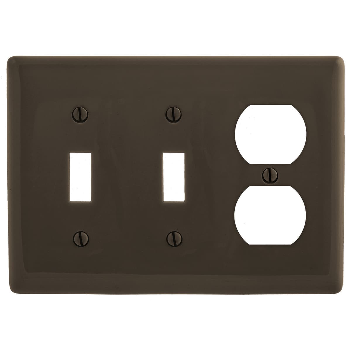 Hubbell NP28 Wallplates and Box Covers, Wallplate, Nylon, 3-Gang, 2) Toggle 1) Duplex, Brown ; Reinforcement ribs for extra strength ; High-impact, self-extinguishing nylon material ; Captive screw feature holds mounting screw in place ; Standard Size is 1/8" larger Hubbell NP28 Wallplates and Box Covers, Wallplate, Nylon, 3-Gang, 2) Toggle 1) Duplex, Brown ; Reinforcement ribs for extra strength ; High-impact, self-extinguishing nylon material ; Captive screw feature holds mounting screw in place ; Standard Size is 1/8" larger