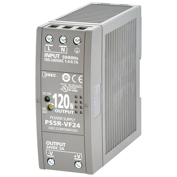 Idec PS5R-VF24 Power Supply 120W 24VDC DIN, 24V Output 120W 5A, Universal Inputs: 85-264VAC or 100-370VDC, 5 year warranty Idec PS5R-VF24 Power Supply 120W 24VDC DIN, 24V Output 120W 5A, Universal Inputs: 85-264VAC or 100-370VDC, 5 year warranty