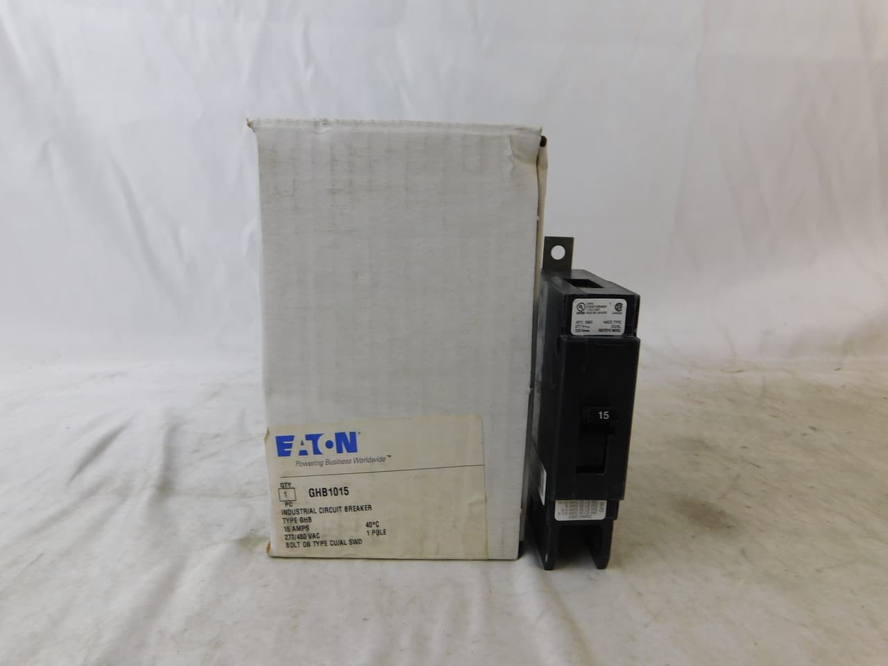 Eaton GHB1015 GHB1015 Eaton - Eaton Series C complete molded case circuit breaker, G-frame, GHB, Complete breaker, Fixed thermal, Fixed magnetic trip type, Single-pole, 15 A, 277 Vac, 125 Vdc, 14 kAIC at 277 Vac, 50/60 Hz Eaton GHB1015 GHB1015 Eaton - Eaton Series C complete molded case circuit breaker, G-frame, GHB, Complete breaker, Fixed thermal, Fixed magnetic trip type, Single-pole, 15 A, 277 Vac, 125 Vdc, 14 kAIC at 277 Vac, 50/60 Hz
