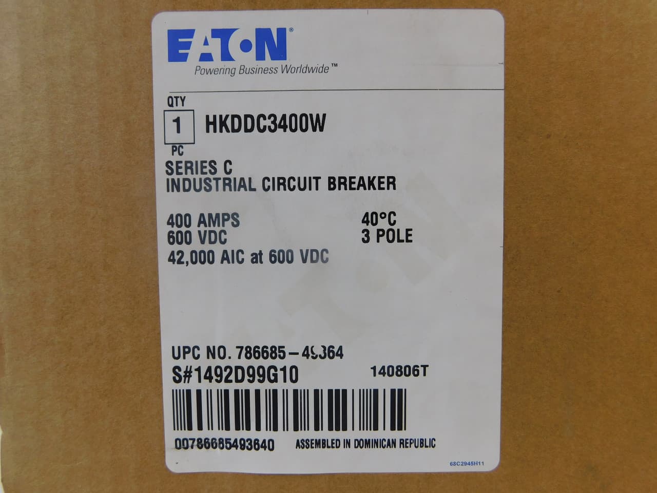 Eaton HKDDC3400W SERIES C, K-FRAME MOLDED CASE CIRCUIT BREAKER, 400A, DIRECT CURRENT, THREE-POLE, Eaton HKDDC3400W SERIES C, K-FRAME MOLDED CASE CIRCUIT BREAKER, 400A, DIRECT CURRENT, THREE-POLE,