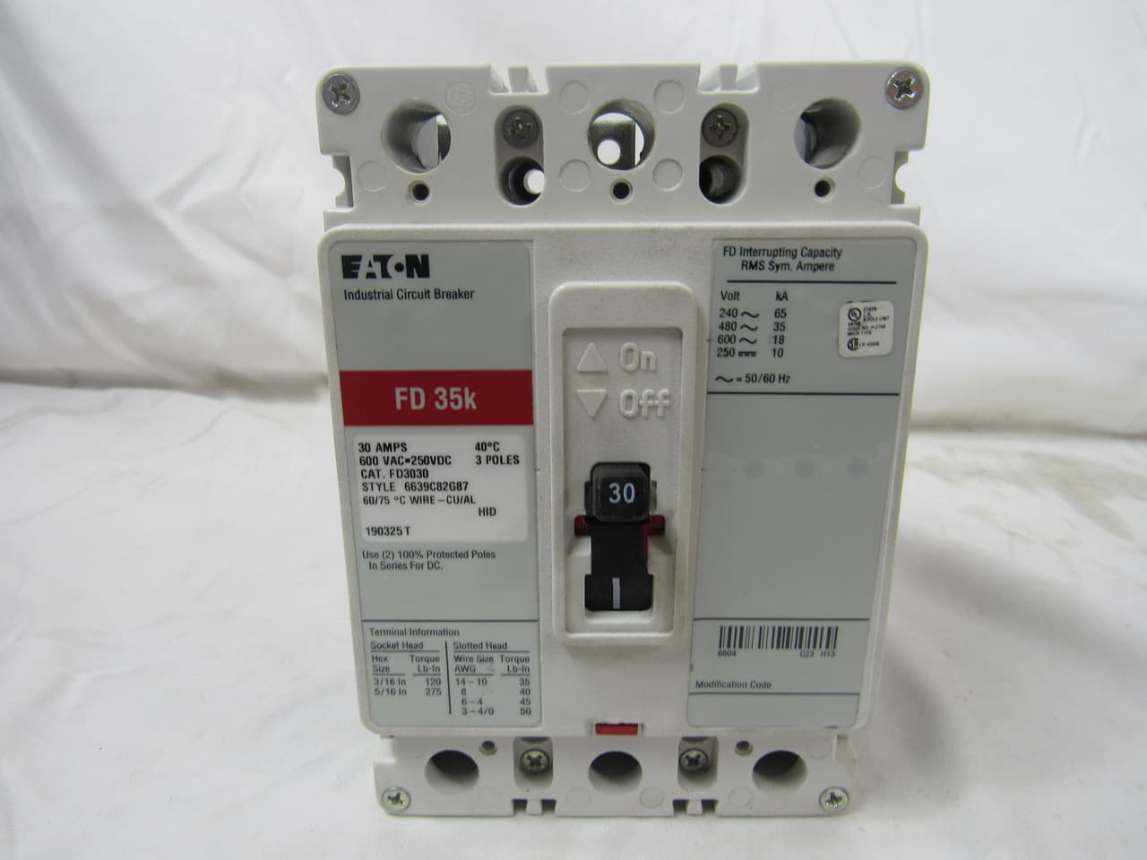 Eaton FD3030 FD3030 Eaton - Eaton Series C complete molded case circuit breaker, F-frame, FD, Complete breaker, Fixed thermal, Fixed magnetic trip type, Three-pole, 30 A, 600 Vac, 250 Vdc, Load side, 50/60 Hz Eaton FD3030 FD3030 Eaton - Eaton Series C complete molded case circuit breaker, F-frame, FD, Complete breaker, Fixed thermal, Fixed magnetic trip type, Three-pole, 30 A, 600 Vac, 250 Vdc, Load side, 50/60 Hz