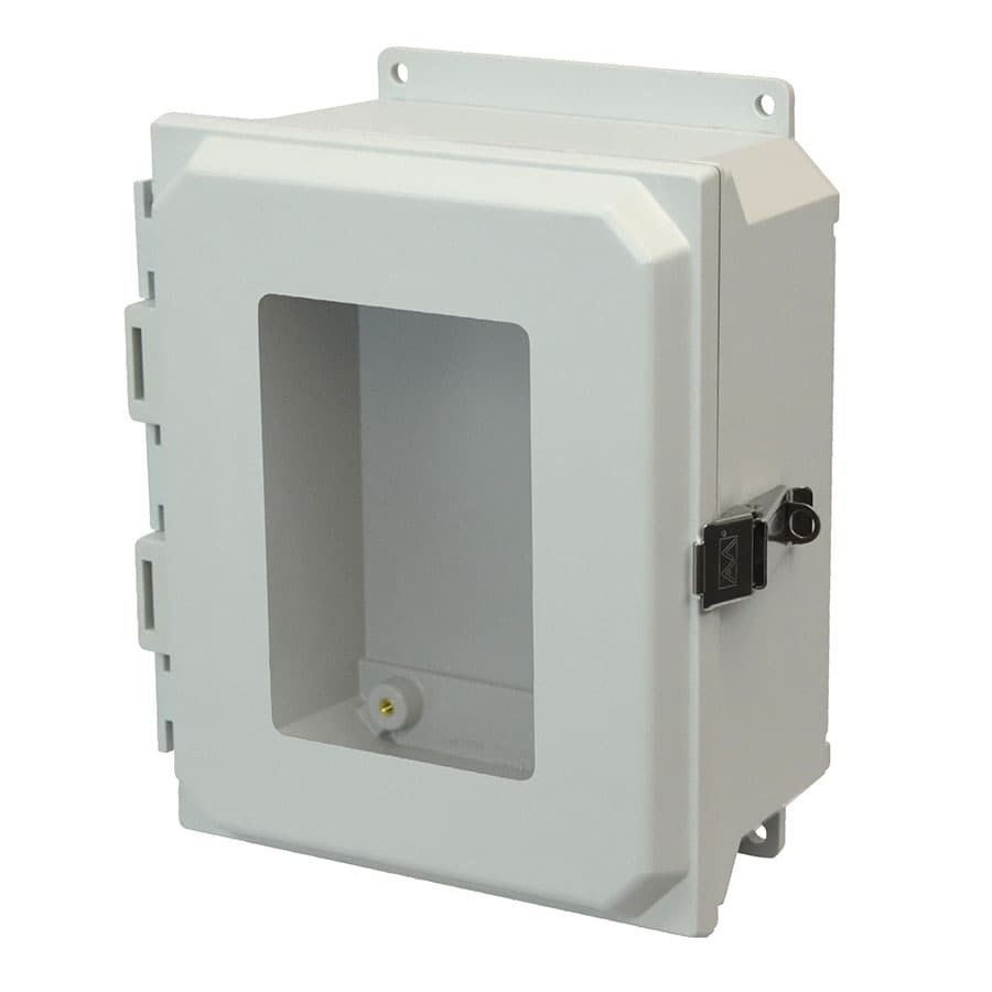 Allied Moulded Products AMU864LWF 8"x6"x4" ULTRALINE® fiberglass wall mount enclosure assembly with hinged window cover and stainless-steel snap latch Allied Moulded Products AMU864LWF 8"x6"x4" ULTRALINE® fiberglass wall mount enclosure assembly with hinged window cover and stainless-steel snap latch