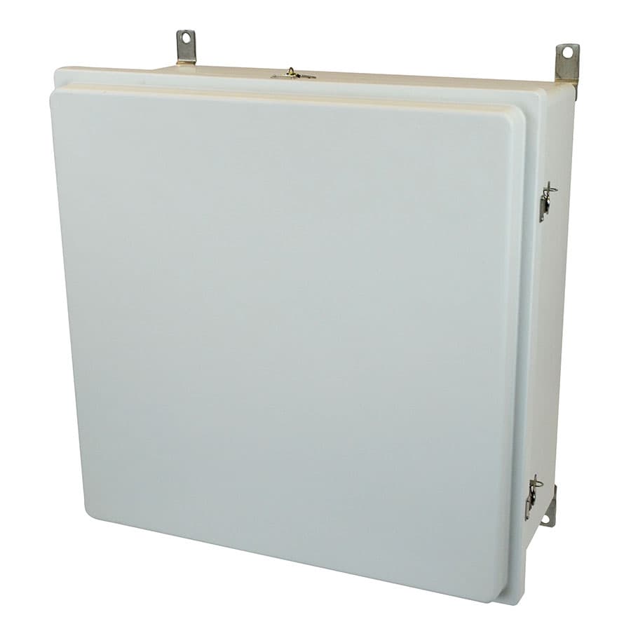 Allied Moulded Products AM24248RT 24"x24"x8" Control Series fiberglass wall mount enclosure assembly with raised hinged cover and stainless-steel twist latches Allied Moulded Products AM24248RT 24"x24"x8" Control Series fiberglass wall mount enclosure assembly with raised hinged cover and stainless-steel twist latches