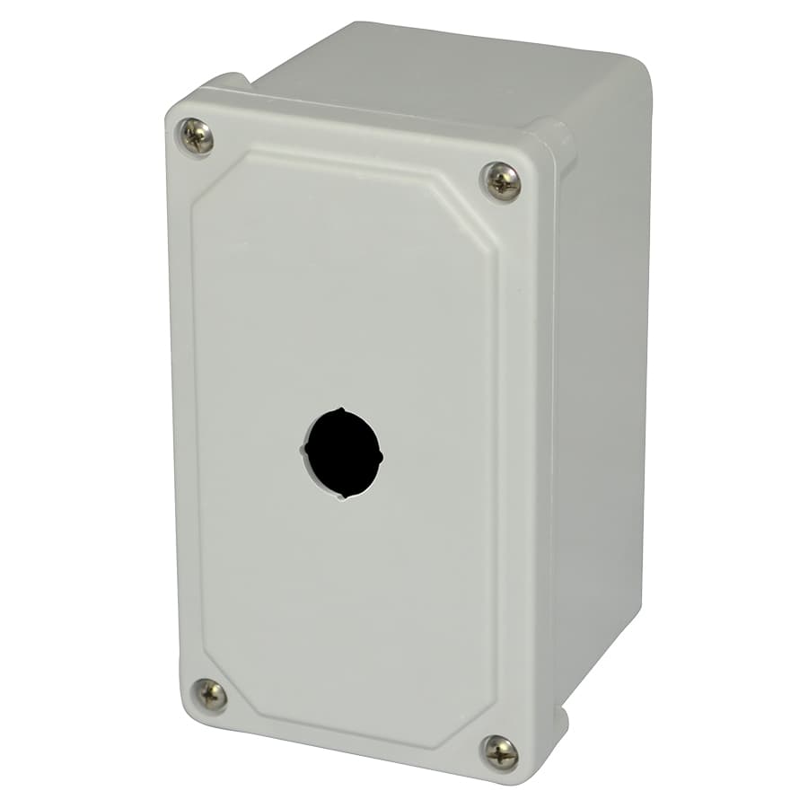 Allied Moulded Products AM1PB22 7"x4"x3" AM Series fiberglass small junction box with 4-screw lift-off cover and 1 (22.5mm) pushbutton hole Allied Moulded Products AM1PB22 7"x4"x3" AM Series fiberglass small junction box with 4-screw lift-off cover and 1 (22.5mm) pushbutton hole