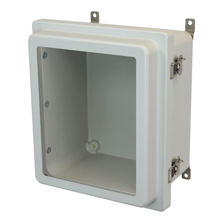 Allied Moulded Products AM1648RTW 16"x14"x8" AM-R Series fiberglass wall mount enclosure assembly with raised hinged window cover and stainless-steel twist latch Allied Moulded Products AM1648RTW 16"x14"x8" AM-R Series fiberglass wall mount enclosure assembly with raised hinged window cover and stainless-steel twist latch