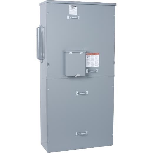 Schneider Electric EZM11200FSE Square D by Schneider Electric EZM11200FSE is a meter center main unit designed for surface mounting. It features a steel enclosure and an aluminium busbar, ensuring compatibility with indoor and rainproof environments as indicated by its NEMA 3R protection degree. This unit measures H1681mm x W823mm x D348mm (H66.2" x W32.39" x D13.69") and operates at a rated voltage of 120Vac/240Vac. It is designed for a single-phase (1PH-3W) network and supports a rated current of 1200A for both the main unit and the busbar. The EZM11200FSE accommodates 1 x 6AWG to 300kcmil aluminium/copper lugs for grounding, catering to a wide range of wiring requirements. Schneider Electric EZM11200FSE Square D by Schneider Electric EZM11200FSE is a meter center main unit designed for surface mounting. It features a steel enclosure and an aluminium busbar, ensuring compatibility with indoor and rainproof environments as indicated by its NEMA 3R protection degree. This unit measures H1681mm x W823mm x D348mm (H66.2" x W32.39" x D13.69") and operates at a rated voltage of 120Vac/240Vac. It is designed for a single-phase (1PH-3W) network and supports a rated current of 1200A for both the main unit and the busbar. The EZM11200FSE accommodates 1 x 6AWG to 300kcmil aluminium/copper lugs for grounding, catering to a wide range of wiring requirements.