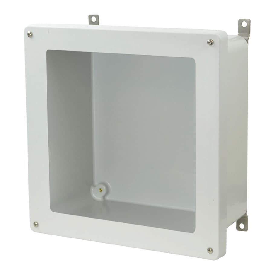 Allied Moulded Products AM1226W 12"x12"x6" AM Series fiberglass wall mount enclosure assembly with 4-screw lift-off window cover Allied Moulded Products AM1226W 12"x12"x6" AM Series fiberglass wall mount enclosure assembly with 4-screw lift-off window cover