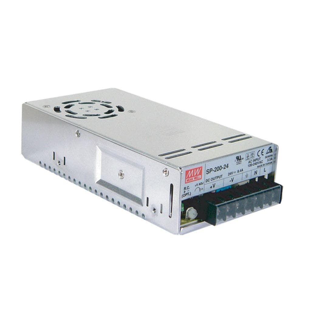 MEAN WELL SP-200-5 AC-DC Single output enclosed power supply with PFC; Input range 85-264VAC; Output 5Vdc at 40A; forced air cooling; optional remote ON/OFF; SP-200-5 is succeeded by RSP-200-5. MEAN WELL SP-200-5 AC-DC Single output enclosed power supply with PFC; Input range 85-264VAC; Output 5Vdc at 40A; forced air cooling; optional remote ON/OFF; SP-200-5 is succeeded by RSP-200-5.