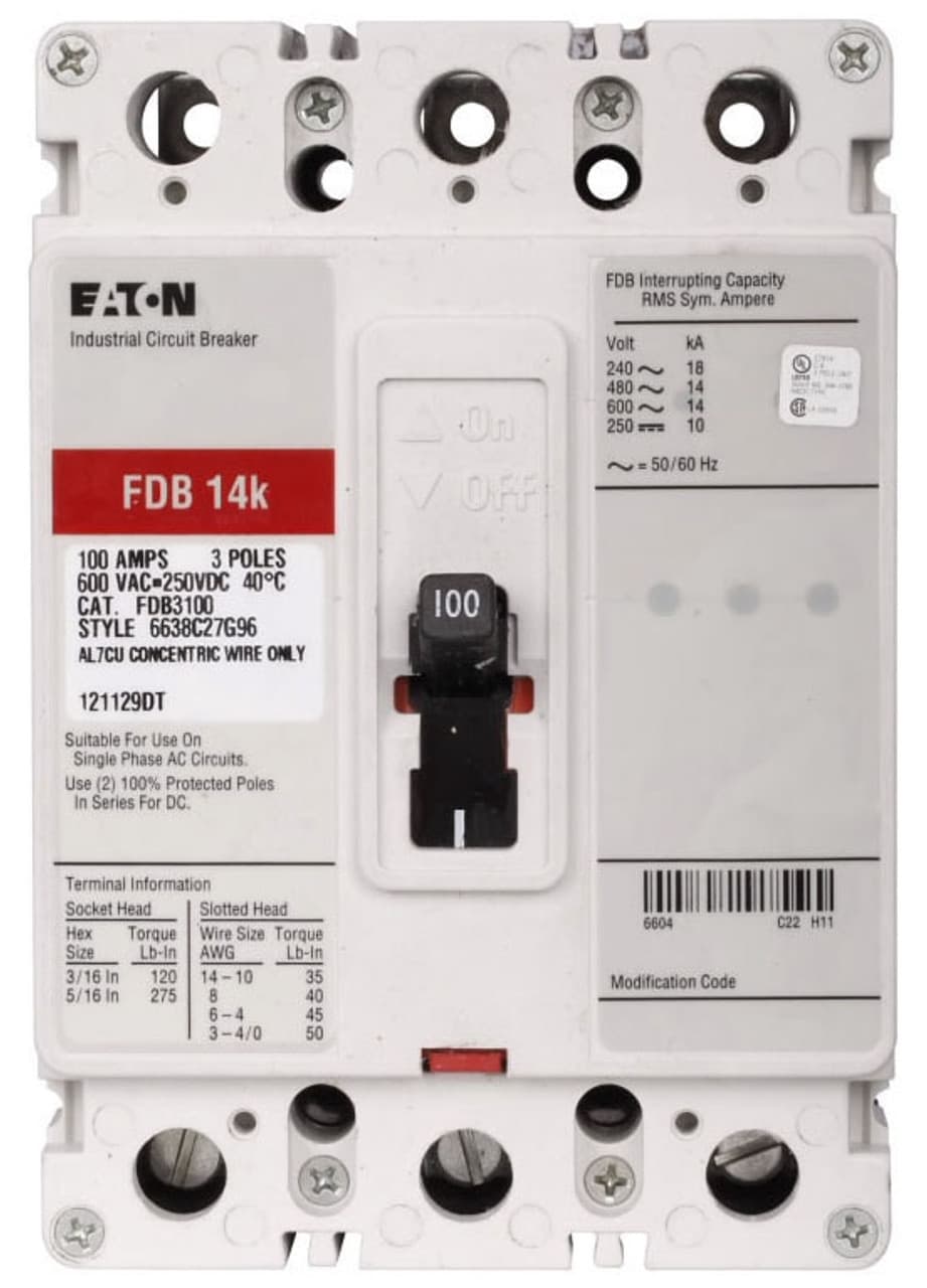 Eaton FDB3020L FDB3020L Eaton - Eaton Series C complete molded case circuit breaker, F-frame, FDB, Complete breaker, Fixed thermal, fixed magnetic trip type, Three-pole, 20A, 600 Vac, 250 Vdc, 18 kAIC at 240 Vac, 14 kAIC at 480 Vac, Line and load, 50/60 Hz Eaton FDB3020L FDB3020L Eaton - Eaton Series C complete molded case circuit breaker, F-frame, FDB, Complete breaker, Fixed thermal, fixed magnetic trip type, Three-pole, 20A, 600 Vac, 250 Vdc, 18 kAIC at 240 Vac, 14 kAIC at 480 Vac, Line and load, 50/60 Hz