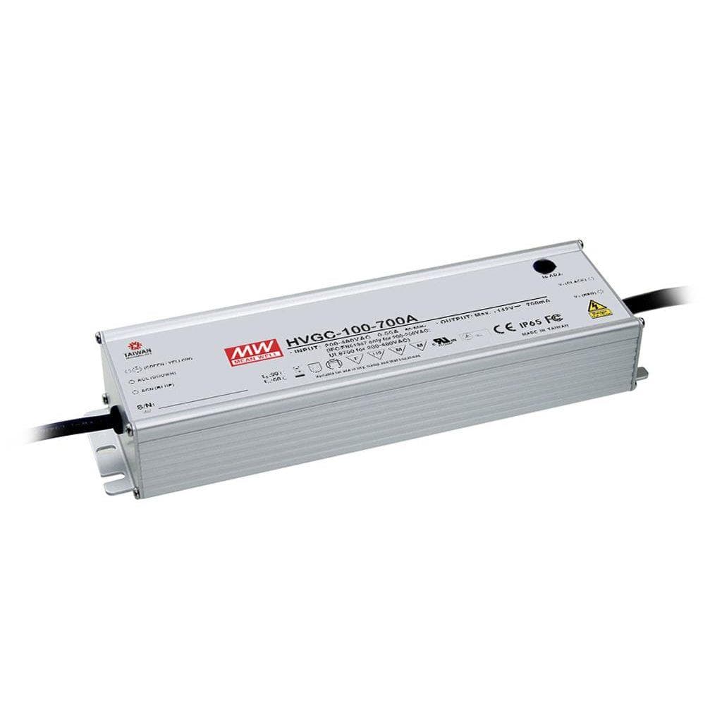 MEAN WELL HVGC-100-700A AC-DC Single output LED driver Constant Current (CC) with built-in PFC; Output 0.7A at 15-142Vdc; IP65; Cable output; Dimming with Potentiometer MEAN WELL HVGC-100-700A AC-DC Single output LED driver Constant Current (CC) with built-in PFC; Output 0.7A at 15-142Vdc; IP65; Cable output; Dimming with Potentiometer