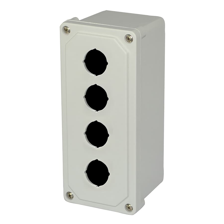 Allied Moulded Products AM4PB 9x4x3 AM Series fiberglass small junction box with 4-screw lift-off cover and 4 pushbutton holes Allied Moulded Products AM4PB 9x4x3 AM Series fiberglass small junction box with 4-screw lift-off cover and 4 pushbutton holes