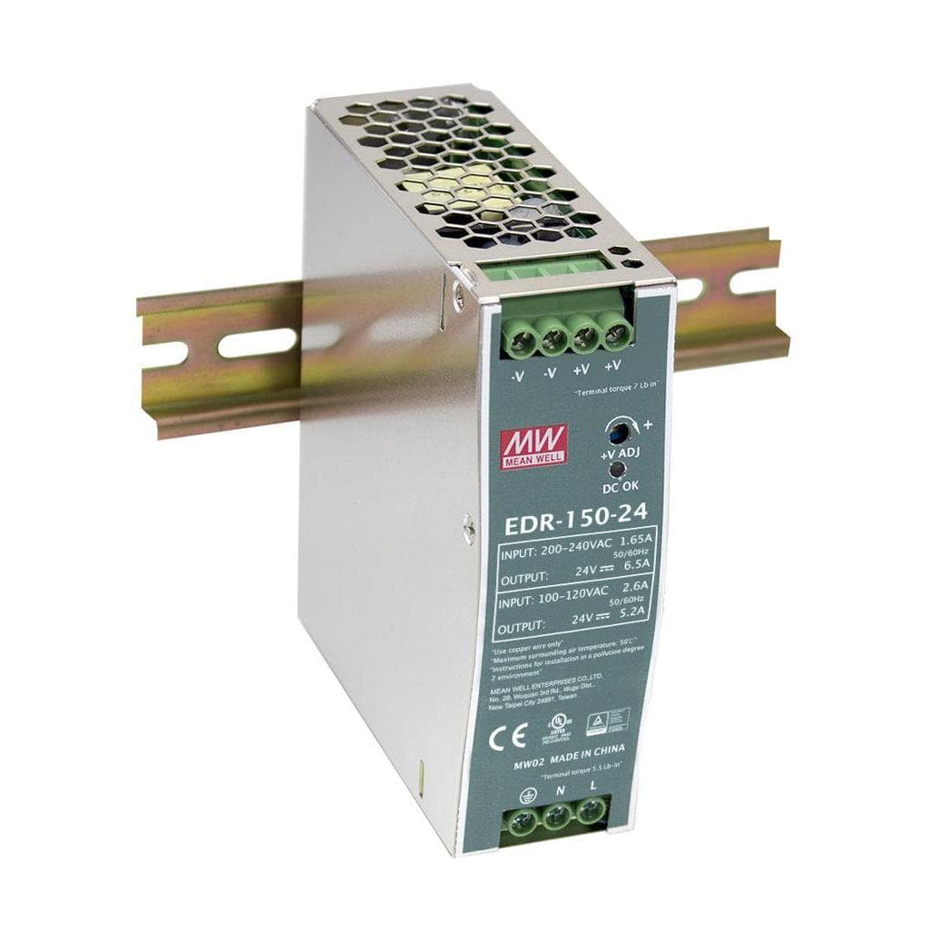 MEAN WELL EDR-150-24 AC-DC Industrial DIN rail power supply; Output 24V at 6.5A(230Vac) / 24V at 5.2A(115Vac) metal case MEAN WELL EDR-150-24 AC-DC Industrial DIN rail power supply; Output 24V at 6.5A(230Vac) / 24V at 5.2A(115Vac) metal case