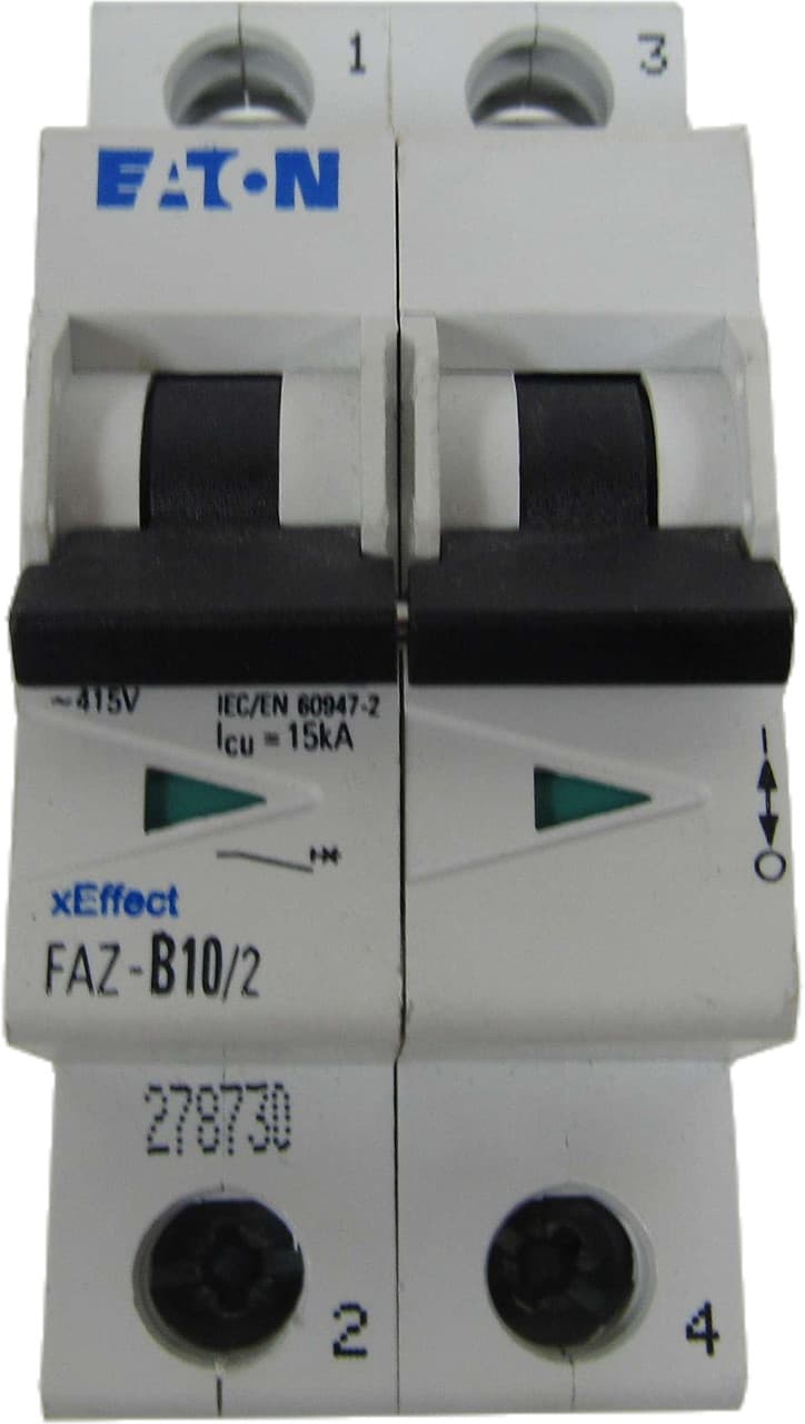 Eaton FAZ-B10/2 Eaton FAZ supplementary protector,UL 1077 Industrial miniature circuit breaker - supplementary protector,Low levels of inrush current are expected,10 A,15 kAIC,Two-pole,3-5X /n,50-60 Hz,Standard terminals,B Curve Eaton FAZ-B10/2 Eaton FAZ supplementary protector,UL 1077 Industrial miniature circuit breaker - supplementary protector,Low levels of inrush current are expected,10 A,15 kAIC,Two-pole,3-5X /n,50-60 Hz,Standard terminals,B Curve