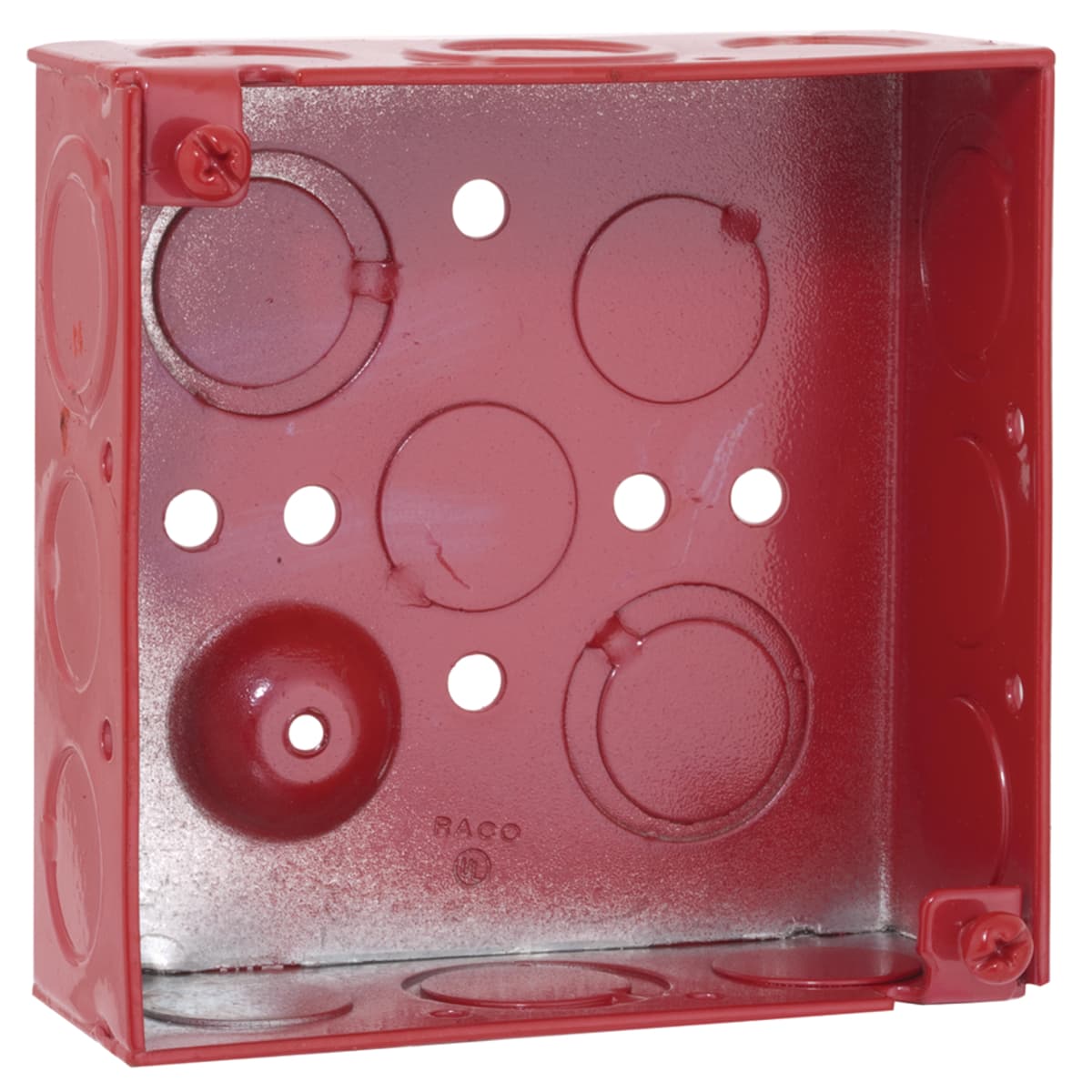Hubbell 911-9 4 in. Life Safety Square Box, Welded, 1-1/2 in. Deep, Ten 1/2 in. KO's and Six TKO's, Red ; TKO knockout design provides installation flexibilty ; Combination screw heads allow quick installation ; Welded construction ; Ten 1/2 in. knockouts and six TKO Hubbell 911-9 4 in. Life Safety Square Box, Welded, 1-1/2 in. Deep, Ten 1/2 in. KO's and Six TKO's, Red ; TKO knockout design provides installation flexibilty ; Combination screw heads allow quick installation ; Welded construction ; Ten 1/2 in. knockouts and six TKO