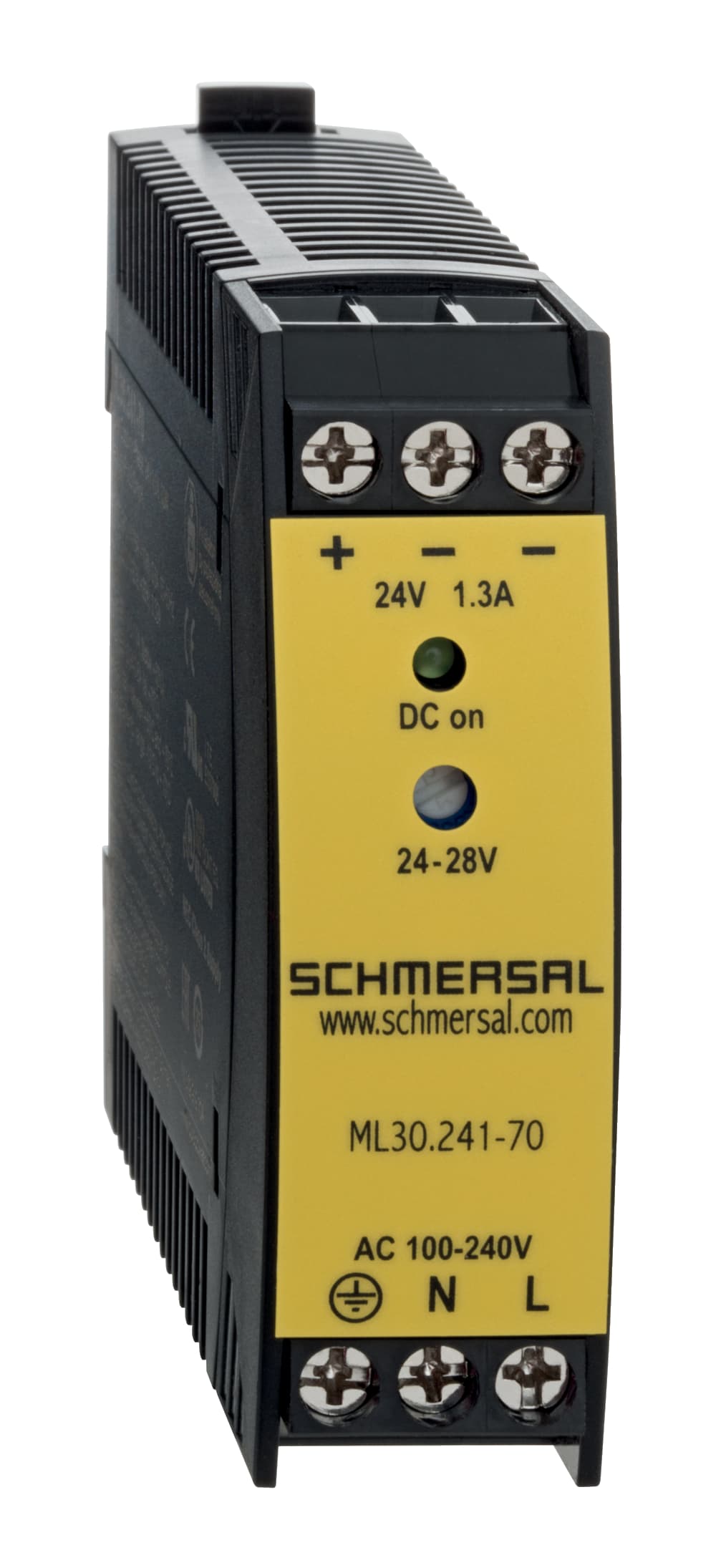 Schmersal ML30.241-70 ML30.241-70 Schmersal - 1-phase DIN rail power supplies; AC 100-240V Wide-range input; DC Output 24-28VDC / 1,3-1,1A / 30W; Efficiency up to 89,4%; Width only 22,5mm Schmersal ML30.241-70 ML30.241-70 Schmersal - 1-phase DIN rail power supplies; AC 100-240V Wide-range input; DC Output 24-28VDC / 1,3-1,1A / 30W; Efficiency up to 89,4%; Width only 22,5mm