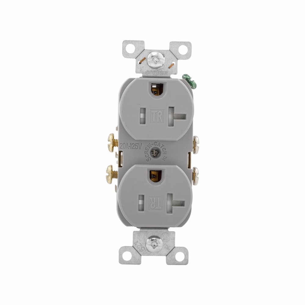 Eaton TRCR20GY TRCR20GY Eaton - Eaton commercial specification grade duplex receptacle, #14-10 AWG, 20A, Commercial, Flush, 125V, Side wire, Gray, Brass, Impact-resistant nylon face, PVC body, 5-20R, Duplex, Screw, PVC, Core pack Eaton TRCR20GY TRCR20GY Eaton - Eaton commercial specification grade duplex receptacle, #14-10 AWG, 20A, Commercial, Flush, 125V, Side wire, Gray, Brass, Impact-resistant nylon face, PVC body, 5-20R, Duplex, Screw, PVC, Core pack
