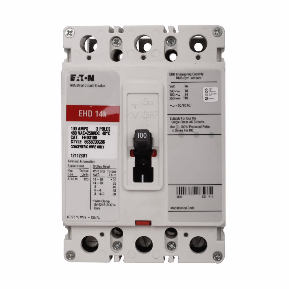 Eaton EHD3035A06 Eaton Series C complete molded case circuit breaker, F-frame, EHD, Complete breaker, Fixed thermal, fixed magnetic trip, Three-pole, 35A, 18 kAIC at 240 Vac, 14 kAIC at 480 Vac, Load side, 1A-1B rear with right pigtail, 50/60 Hz Eaton EHD3035A06 Eaton Series C complete molded case circuit breaker, F-frame, EHD, Complete breaker, Fixed thermal, fixed magnetic trip, Three-pole, 35A, 18 kAIC at 240 Vac, 14 kAIC at 480 Vac, Load side, 1A-1B rear with right pigtail, 50/60 Hz