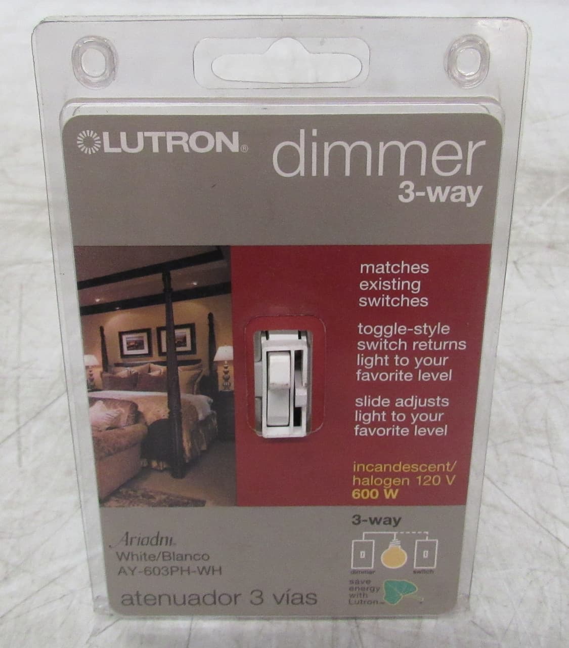 Lutron AY-603PH-WH 120 VAC 60 Hz, 600 W, 3-Way, Gloss White, Incandescent/Halogen, Toggle ON/OFF Switch, Slide Mount, Dimmer Switch Lutron AY-603PH-WH 120 VAC 60 Hz, 600 W, 3-Way, Gloss White, Incandescent/Halogen, Toggle ON/OFF Switch, Slide Mount, Dimmer Switch