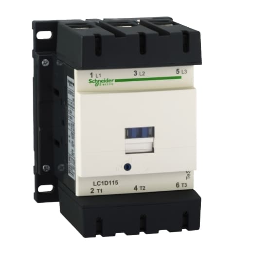 Schneider Electric LC1D115G7 Schneider Electric LC1D115G7 is a magnetic contactor from the Deca sub-range, featuring screw connections and designed with 3 poles (3P; 3NO). It has a rated current of 200A (AC-1) and 115A (440Vac; AC-3), with a mounting mode suitable for DIN rail installation. The net width of the contactor is 120 mm, and it offers a degree of protection rated at IP20. The control voltage (AC) ranges from 96-138Vac (120Vac nominal; 50Hz/60Hz; 0.8...1.15 x Uc), and the rated operating voltage (Ue) is up to 1000 V. This model includes 1 normally open (NO) auxiliary contact and 1 normally closed (NC) auxiliary contact, with a contacts type of 1NO+1NC instantaneous aux. The rated impulse voltage (Uimp) is 8 kV, and the rated active power (kW) varies from 30kW (220-230Vac; AC-3) up to 80kW (660-690Vac; AC-3), including 65kW at 1000Vac (AC-3). The rated power (HP) for different voltages ranges from 30HP at 200-208Vac to 100HP at 575-600Vac, all for 3-phase, 50Hz/60Hz, UL/CSA. It boasts a mechanical durability of 8,000,000 operations and an electrical durability of 950,000 operations with load, with a rated voltage (AC) - phase-to-phase of 1000 V. Schneider Electric LC1D115G7 Schneider Electric LC1D115G7 is a magnetic contactor from the Deca sub-range, featuring screw connections and designed with 3 poles (3P; 3NO). It has a rated current of 200A (AC-1) and 115A (440Vac; AC-3), with a mounting mode suitable for DIN rail installation. The net width of the contactor is 120 mm, and it offers a degree of protection rated at IP20. The control voltage (AC) ranges from 96-138Vac (120Vac nominal; 50Hz/60Hz; 0.8...1.15 x Uc), and the rated operating voltage (Ue) is up to 1000 V. This model includes 1 normally open (NO) auxiliary contact and 1 normally closed (NC) auxiliary contact, with a contacts type of 1NO+1NC instantaneous aux. The rated impulse voltage (Uimp) is 8 kV, and the rated active power (kW) varies from 30kW (220-230Vac; AC-3) up to 80kW (660-690Vac; AC-3), including 65kW at 1000Vac (AC-3). The rated power (HP) for different voltages ranges from 30HP at 200-208Vac to 100HP at 575-600Vac, all for 3-phase, 50Hz/60Hz, UL/CSA. It boasts a mechanical durability of 8,000,000 operations and an electrical durability of 950,000 operations with load, with a rated voltage (AC) - phase-to-phase of 1000 V.