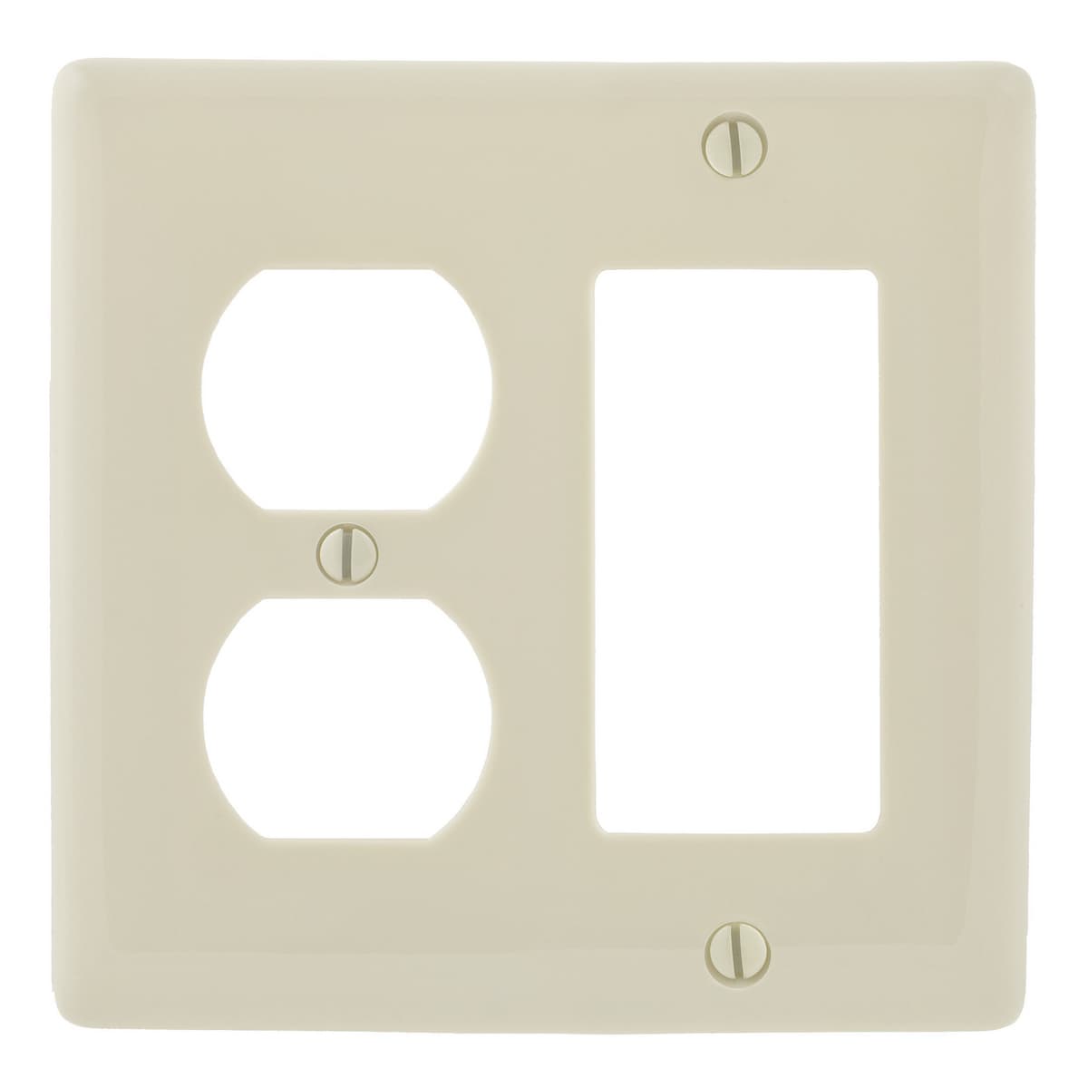 Hubbell NP826LA Wallplates and Box Covers, Wallplate, Nylon, 2-Gang, 1) Duplex 1) Decorator, Light Almond ; Reinforcement ribs for extra strength ; High-impact, self-extinguishing nylon material ; Captive screw feature holds mounting screw in place ; Standard Size is 1/ Hubbell NP826LA Wallplates and Box Covers, Wallplate, Nylon, 2-Gang, 1) Duplex 1) Decorator, Light Almond ; Reinforcement ribs for extra strength ; High-impact, self-extinguishing nylon material ; Captive screw feature holds mounting screw in place ; Standard Size is 1/