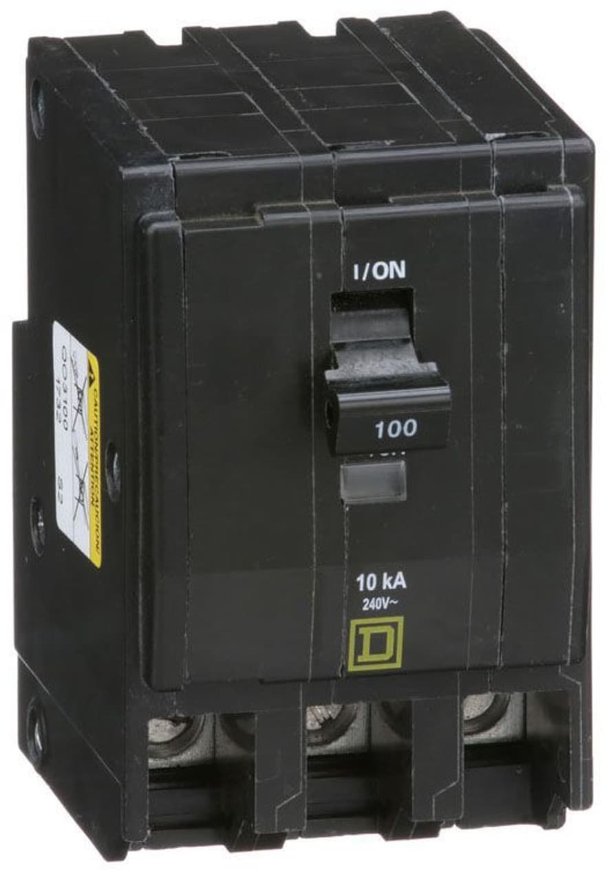 Schneider Electric QO3100 Square D by Schneider Electric QO3100 is a Miniature Circuit Breaker (MCB) designed for plug-in mounting. It features a rated current of 100A and accommodates a plug-in connection type. This MCB operates at a rated voltage of 120V to 240V AC and is suitable for wires with a cross-section of 4-2/0AWG (1 cable Al/Cu). It is a 3 Pole circuit breaker with a short circuit breaking rating of 10kA at 240Vac and 5kA at 48Vdc. The QO3100 is equipped with box lugs type of terminals. Schneider Electric QO3100 Square D by Schneider Electric QO3100 is a Miniature Circuit Breaker (MCB) designed for plug-in mounting. It features a rated current of 100A and accommodates a plug-in connection type. This MCB operates at a rated voltage of 120V to 240V AC and is suitable for wires with a cross-section of 4-2/0AWG (1 cable Al/Cu). It is a 3 Pole circuit breaker with a short circuit breaking rating of 10kA at 240Vac and 5kA at 48Vdc. The QO3100 is equipped with box lugs type of terminals.